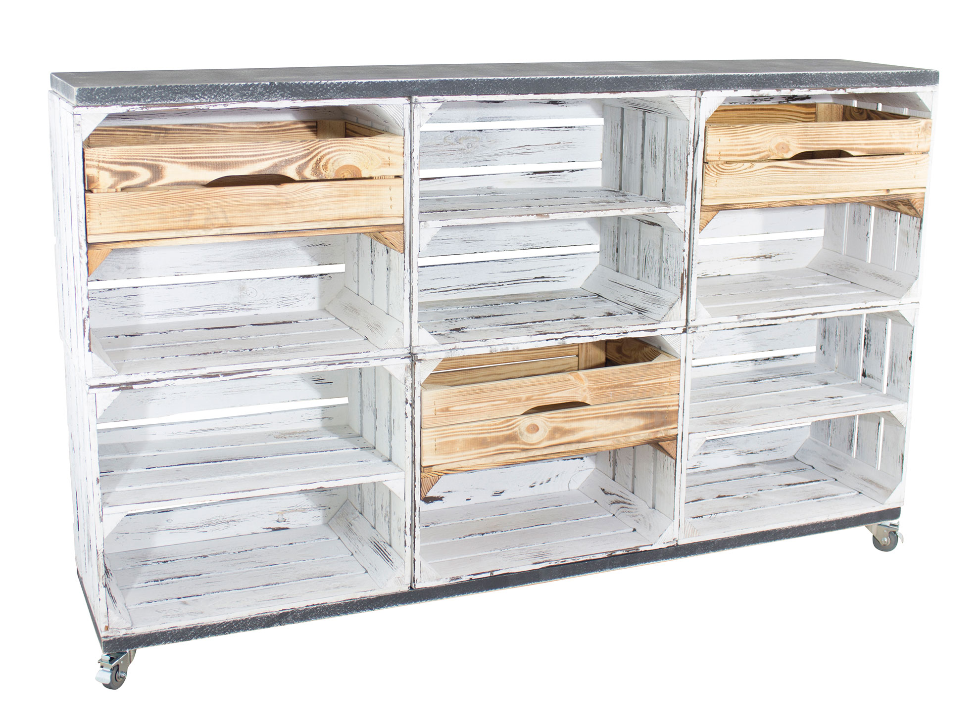 Kommode/ Raumtrenner aus 6 shabby weißen Kisten mit 3 geflammten Schubladen sowie 2 Bohlenbrettern auf Rollen, 150x93x30 Kommode/ Raumtrenner aus 6 shabby weißen Kisten mit 3 geflammten Schubladen sowie 2 Bohlenbrettern auf Rollen, 150x93x30