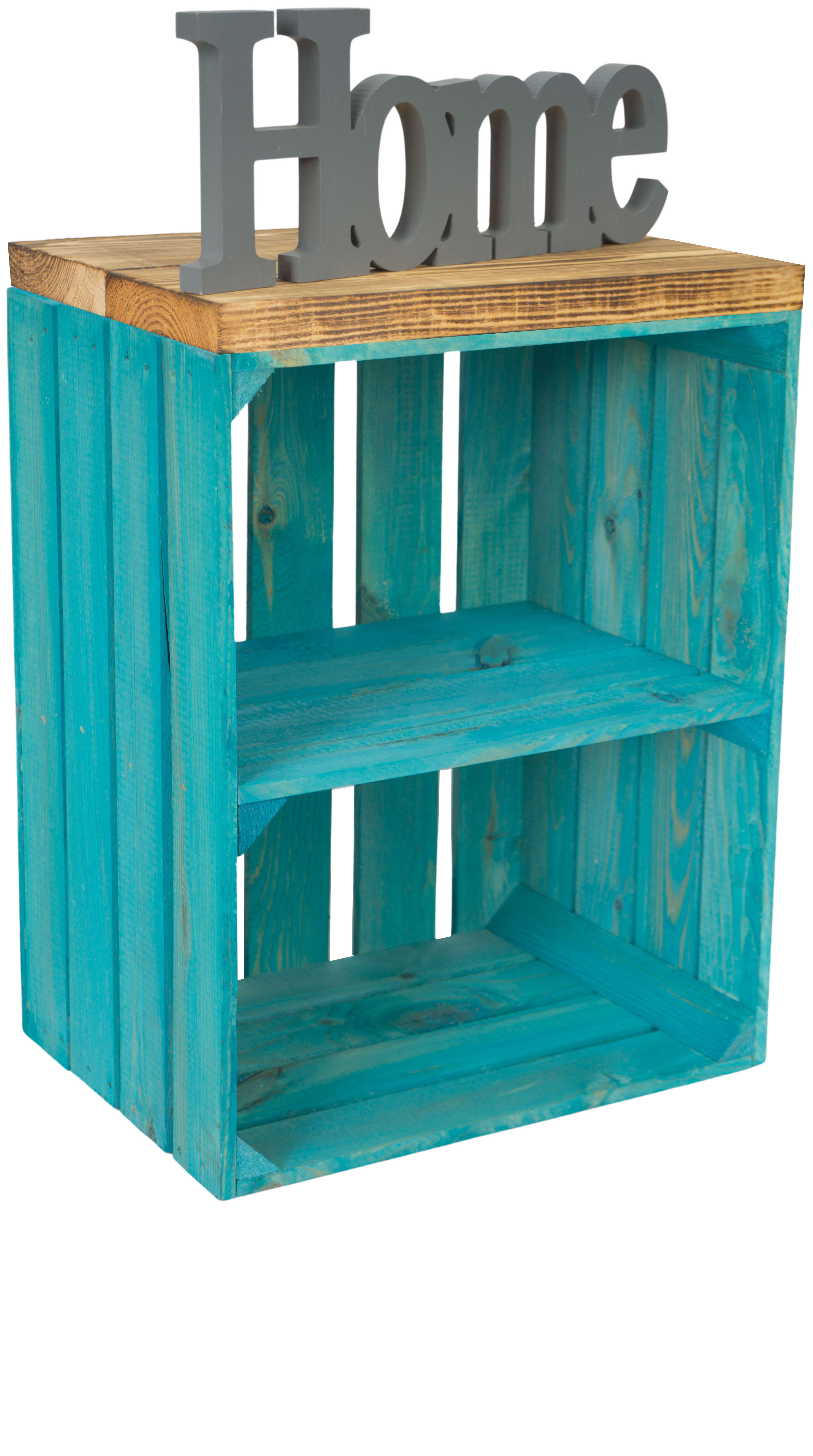 Sitzkiste Johanna Türkis Quer Sitzfläche aus dicken geflammten Holzplanken Sitzkiste Johanna Türkis Quer Sitzfläche aus dicken geflammten Holzplanken
