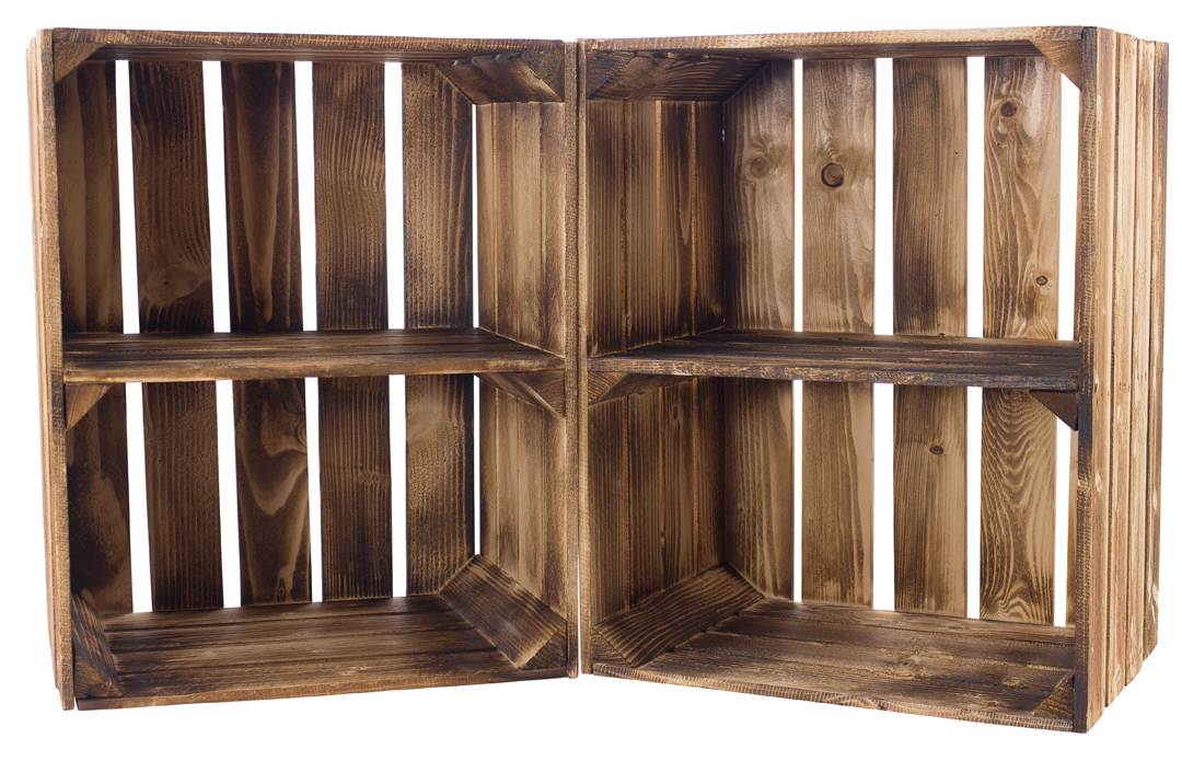 12x Geflammte Kiste für Schuh-und Bücherregal "quer" 50x40x30cm Gemischtes Set aus geflammten Holzkisten 50x40x30cm