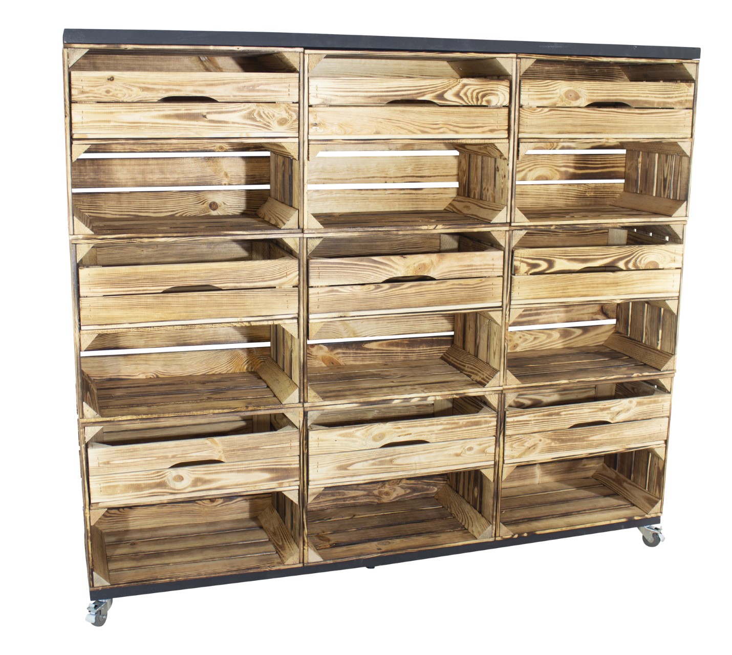Raumtrenner/ Kommode aus geflammten Obstkisten mit 2 schwarzen Bohlenbrettern auf Rollen 133x150x30cm