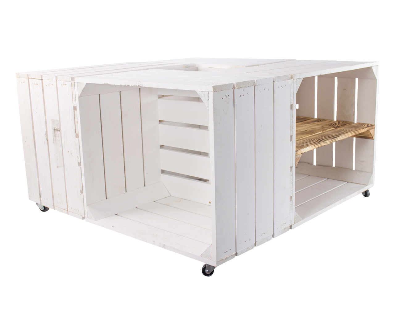 Weißer Couchtisch aus 2 Apfelkisten und 2 Regalkisten mit geflammten Mittelbrettern *längs* 81x81x44cm