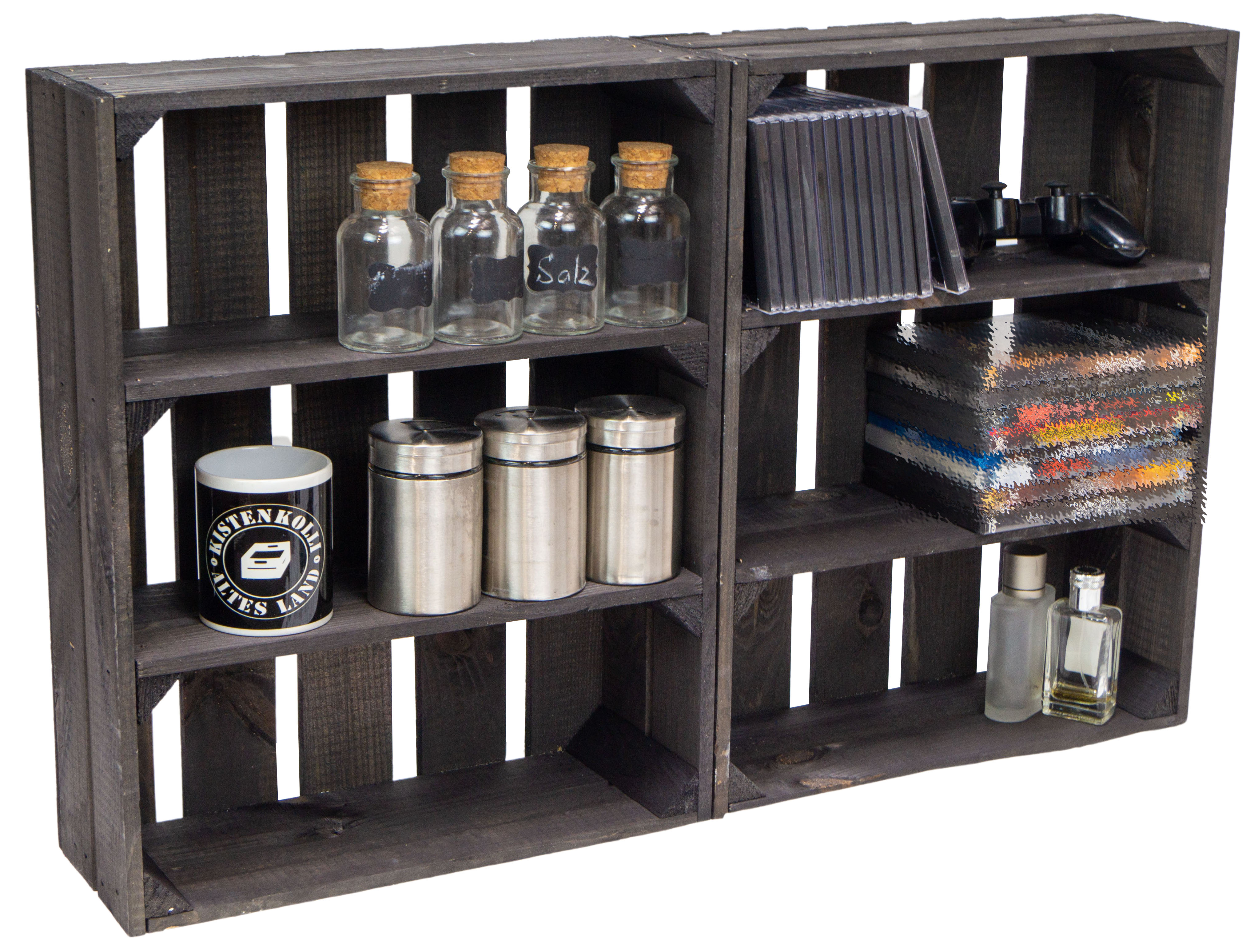 Schwarze flache Regalkiste mit 3 Fächern 50x40,5x16cm Schwarze flache Regalkiste mit 3 Fächern 50x40,5x16cm