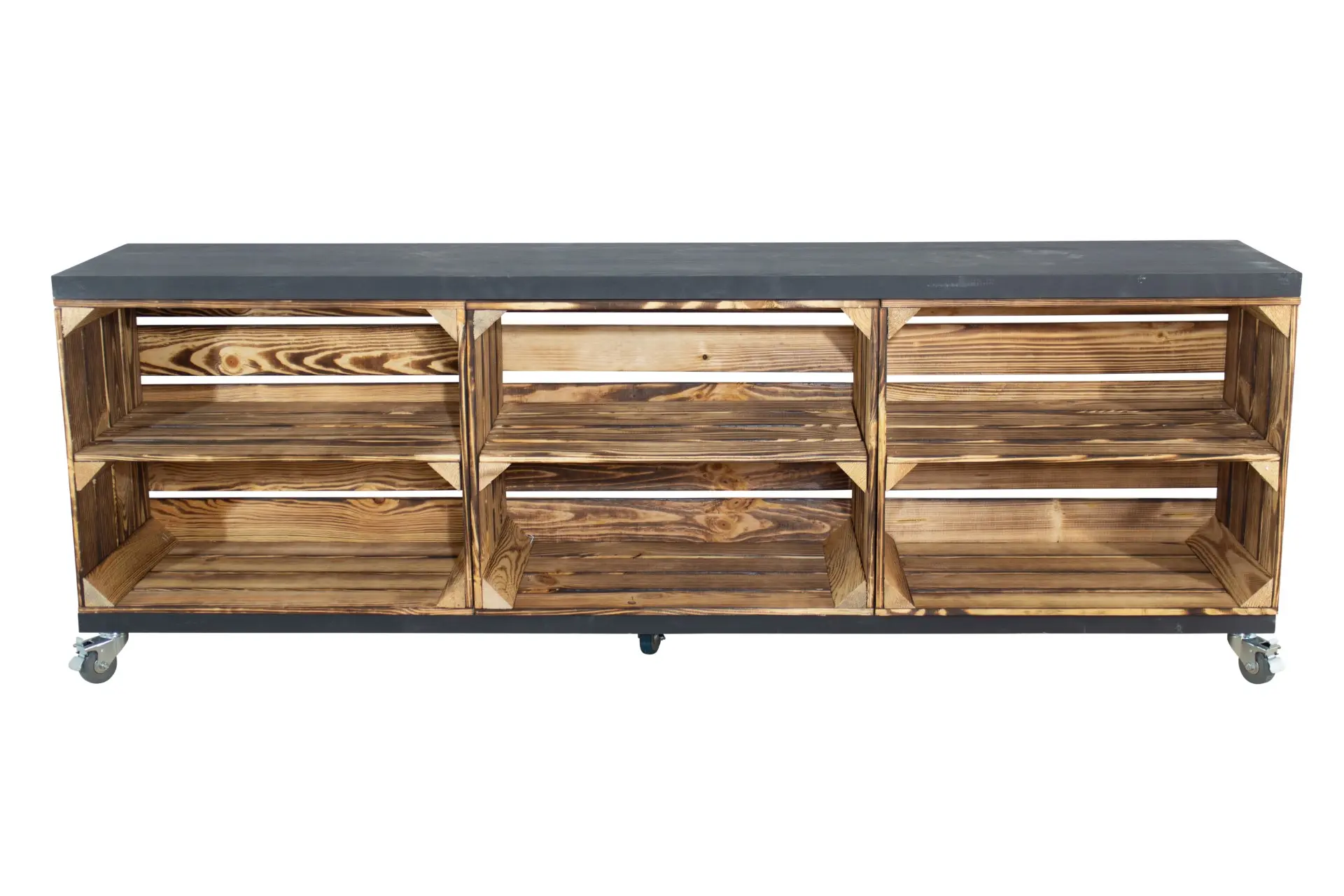 TV Lowboard geflammt mit 2 Bohlenbrettern in schwarz auf Rollen 150x53x30cm TV Lowboard geflammt mit 2 Bohlenbrettern in schwarz auf Rollen 150x53x30cm