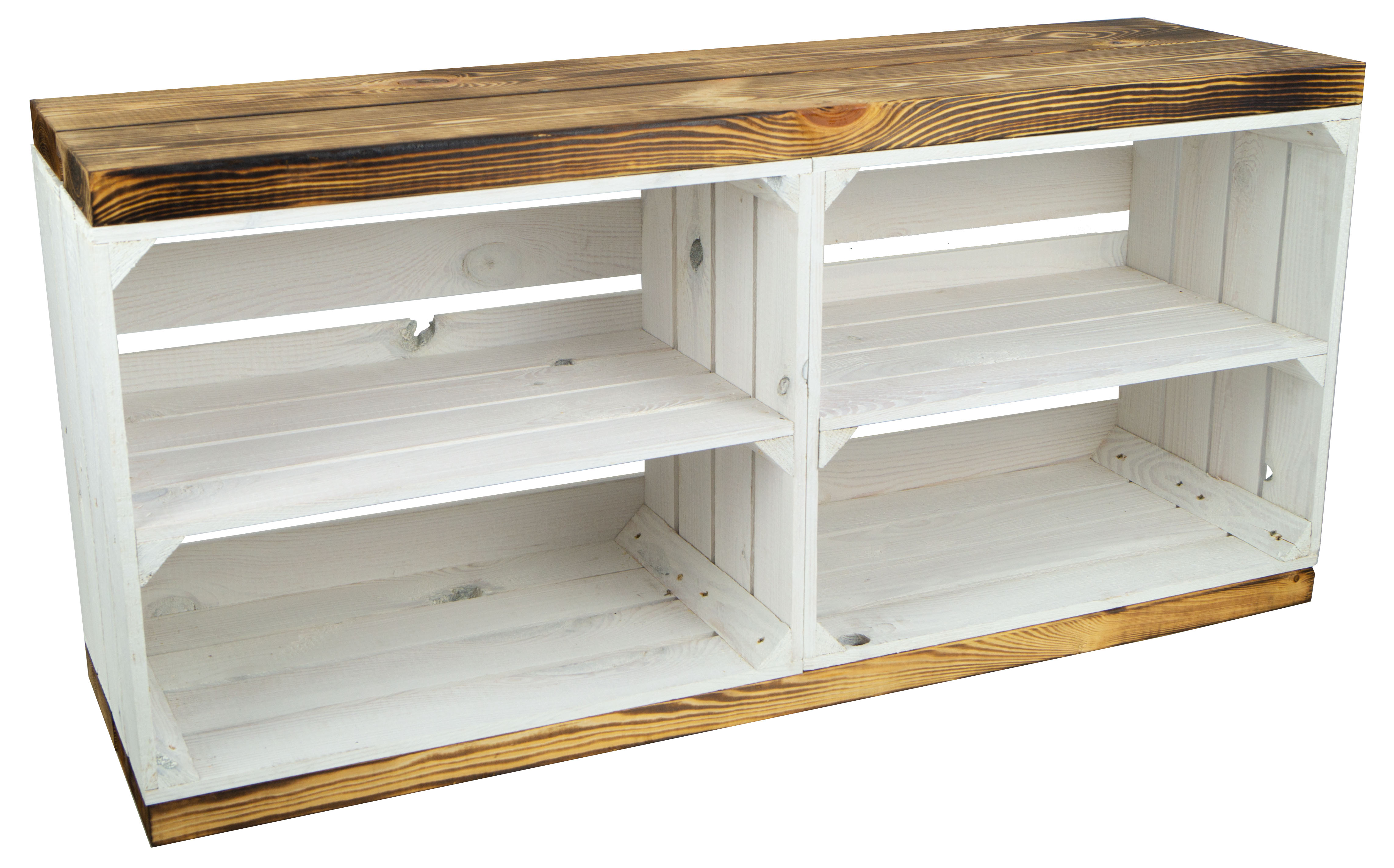 Sitzbank weiß mit Sitzfläche aus dicken Holzplanken geflammt mit Mittelbrett weiß Sitzbank weiß mit Sitzfläche aus dicken Holzplanken geflammt mit Mittelbrett weiß