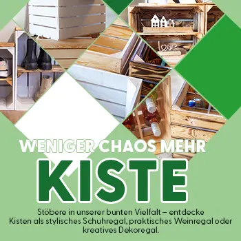 Kreative Einsatzmöglichkeiten von Holzkisten als Schuhregal, Weinkiste oder Dekoregal – Collage mit stilvoll eingerichteten Kisten.