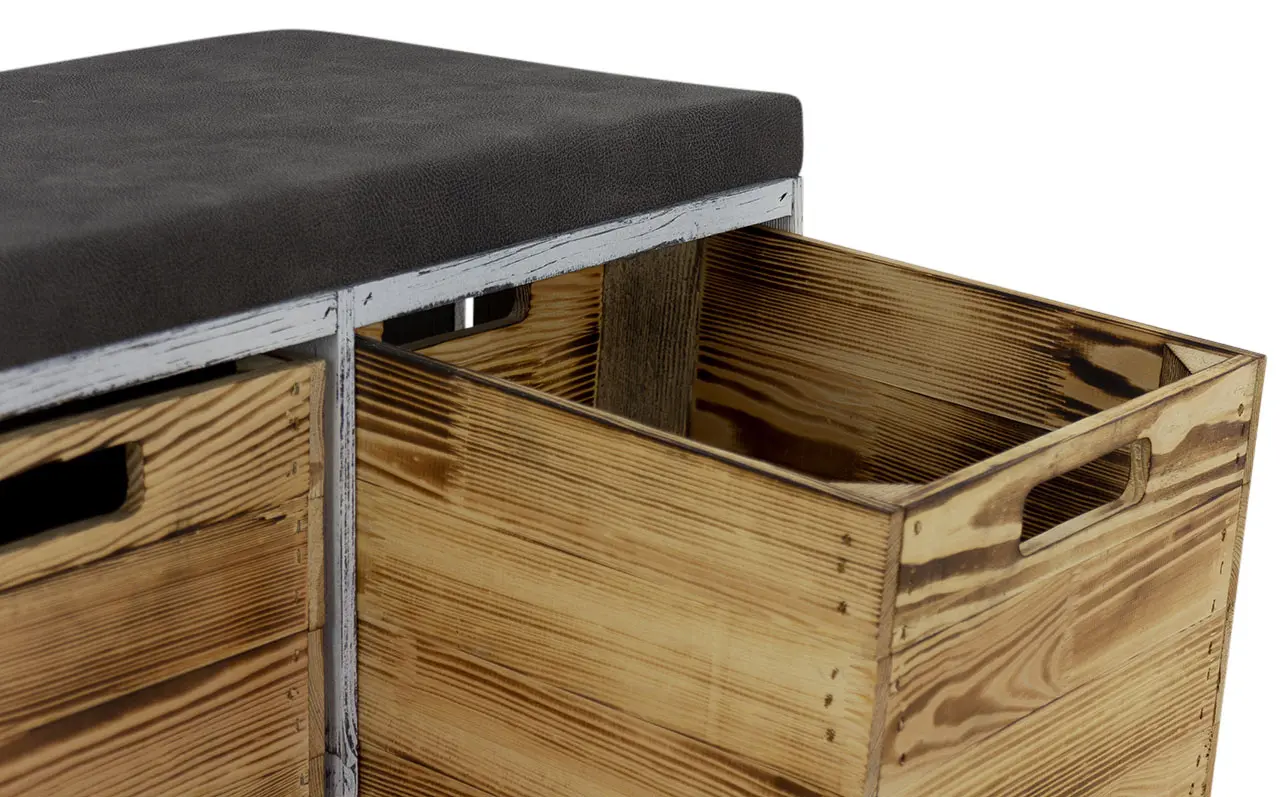Shabby Sitzbank im Obstkisten Design mit Sitzpolster und 3 Kallax Einschubkisten 105x43x39xcm