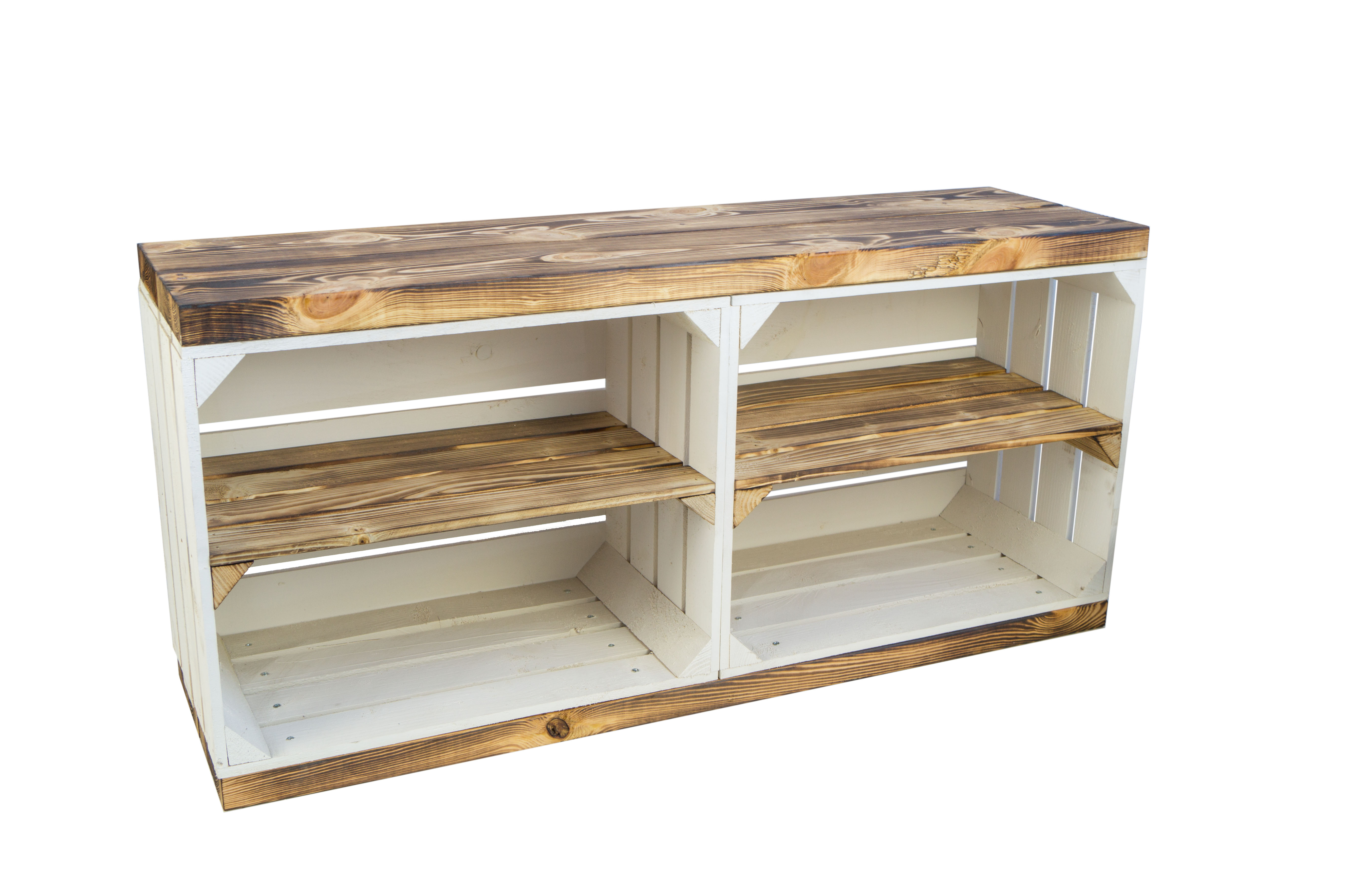 Weißer TV Schrank mit dicken Planken & Mittelbrett Geflammt Weißer TV Schrank mit dicken Planken & Mittelbrett Geflammt