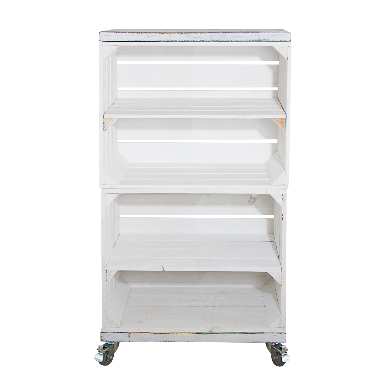 Regal aus 2 weißen Obstkisten mit 2 Bohlenbrettern in shabby weiß auf Rollen 93x50x30cm