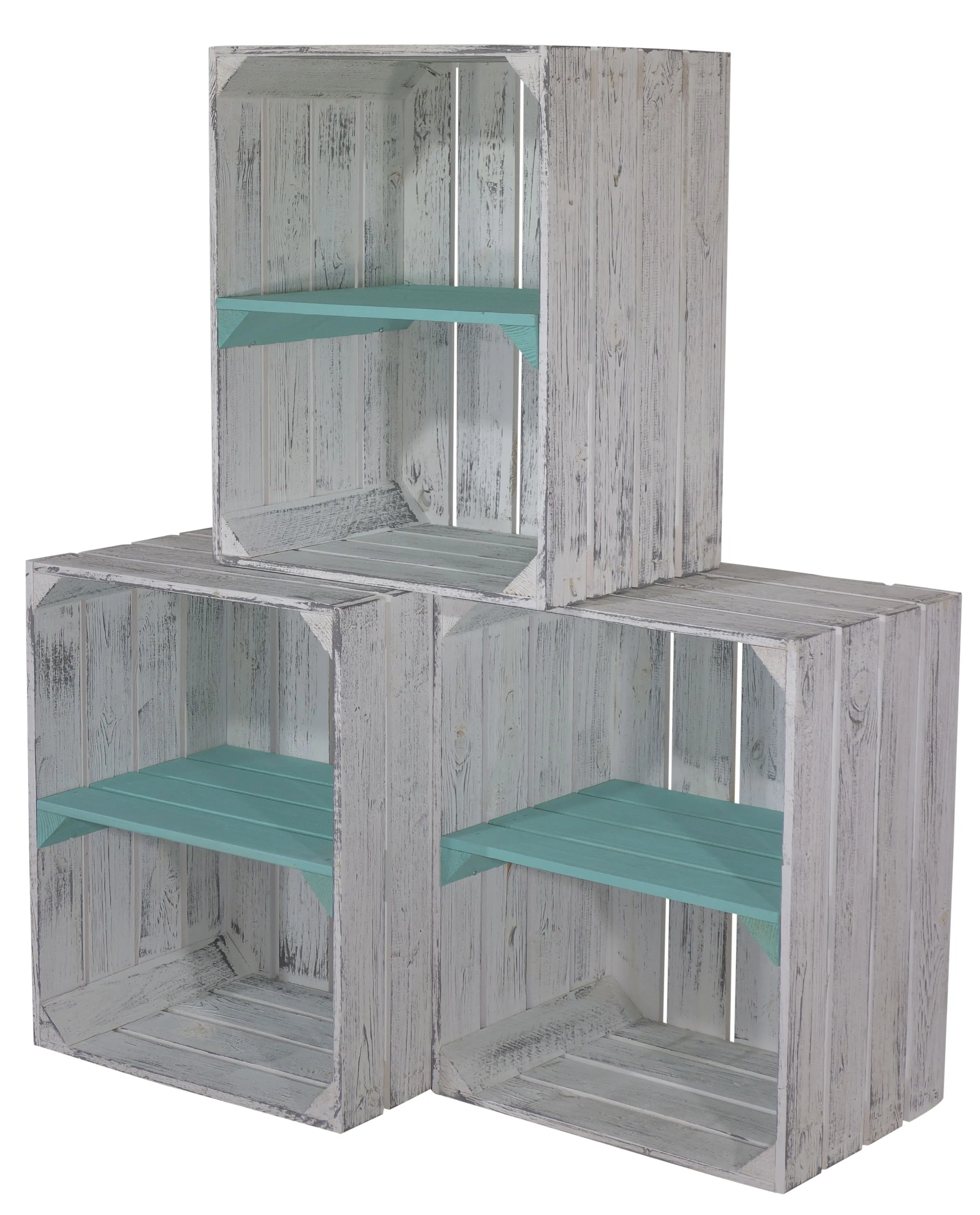 Shabby graue Obstkiste mit türkisem Mittelbrett -quer- 50 x 40 x 30cm