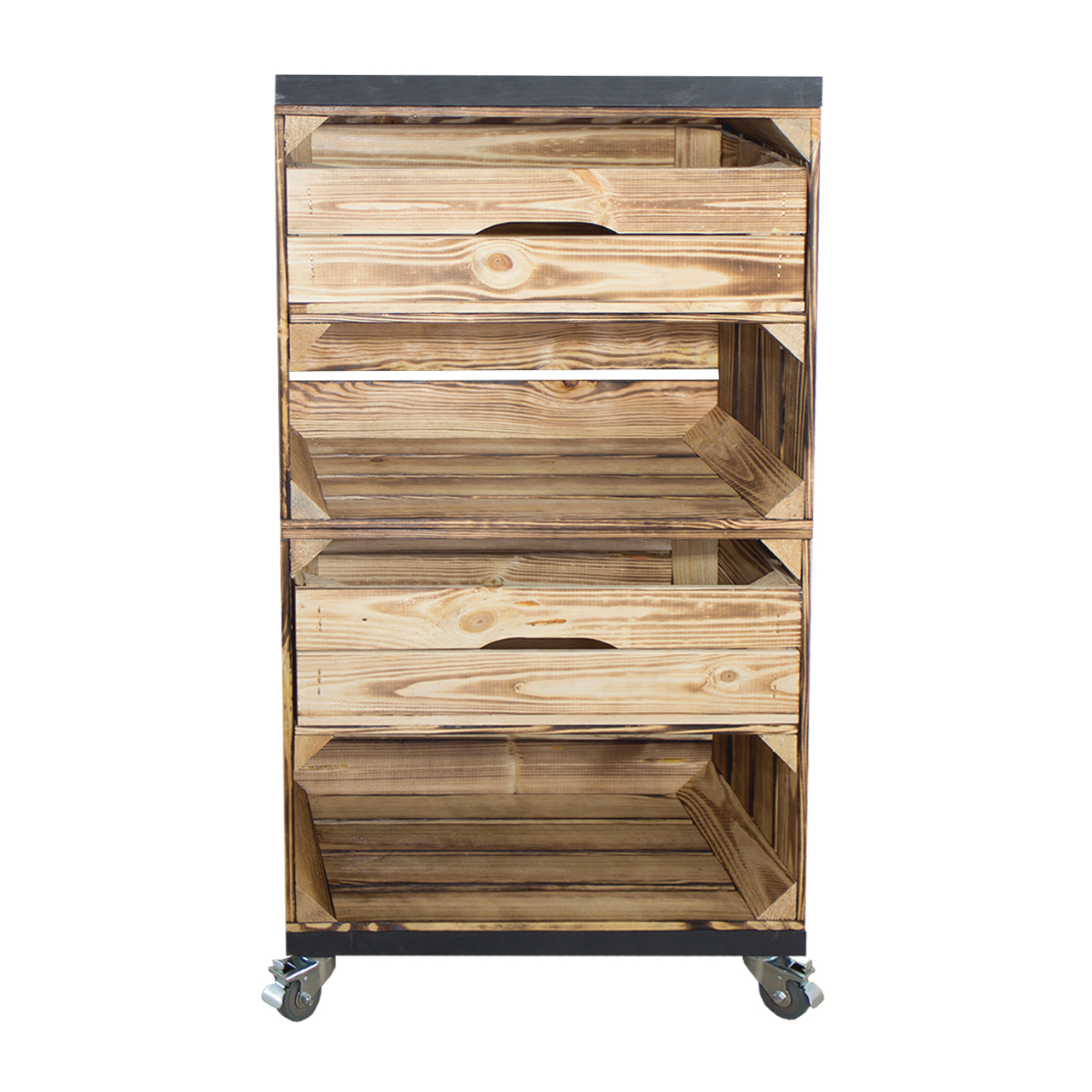 Regal aus zwei geflammten Obstkisten mit zwei Schubladen und zwei Bohlenbrettern in Schwarz, auf Rollen 93x50x30cm