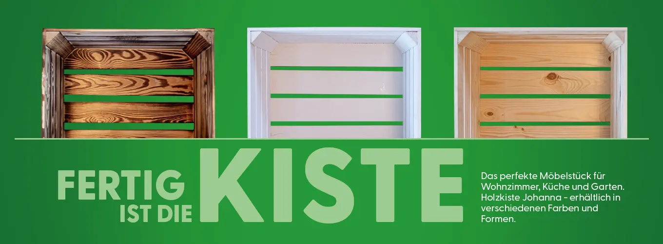 Drei dekorative Holzkisten in verschiedenen Farben auf grünem Hintergrund – ideal als Möbelstück für Wohnzimmer, Küche und Garten.