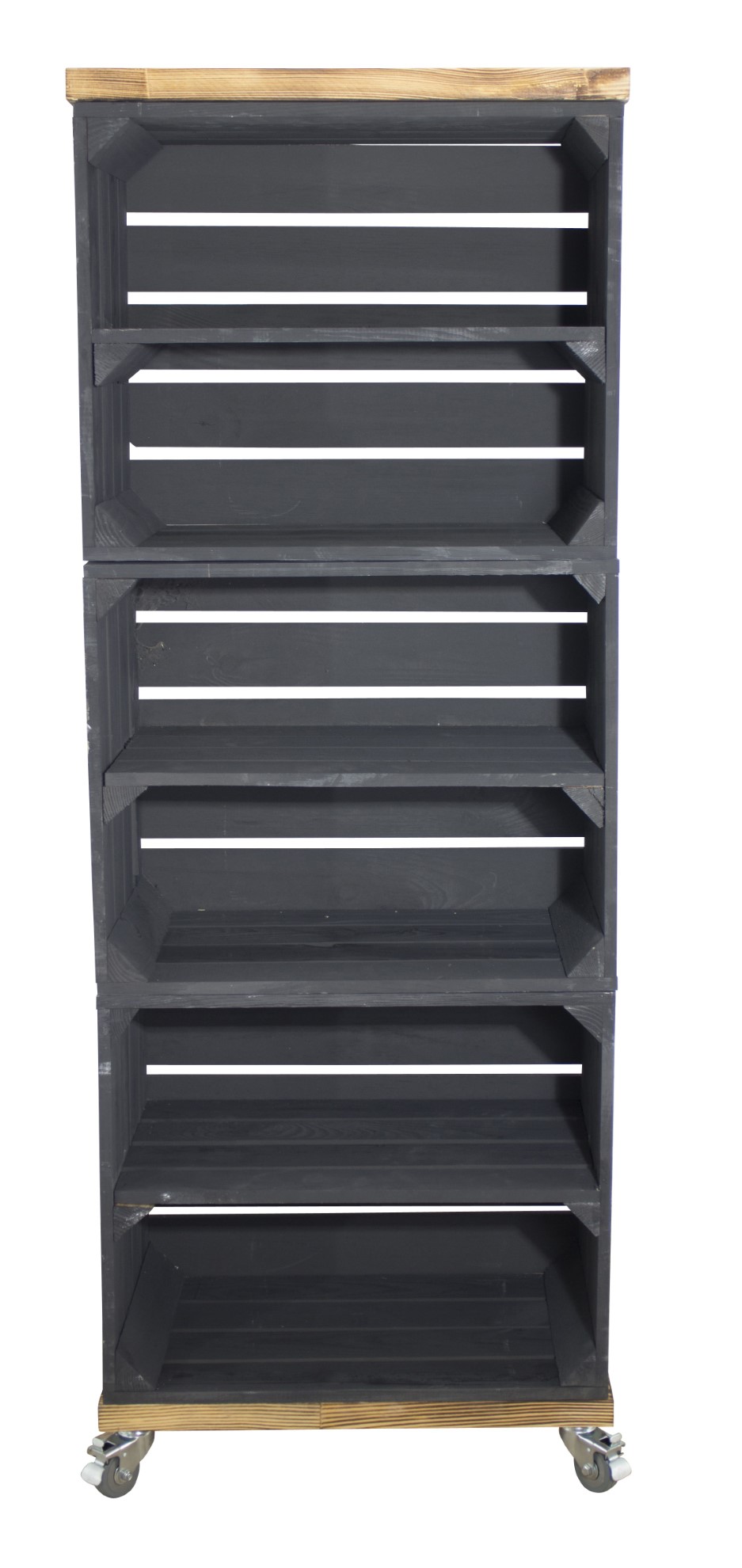 Regal aus 3 schwarzen Obstkisten mit 2 Bohlenbrettern in geflammt auf Rollen 133x50x30cm Regal aus 3 schwarzen Obstkisten mit 2 Bohlenbrettern in geflammt auf Rollen 133x50x30cm