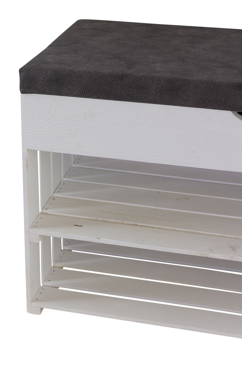 Weiße Sitzbank (Truhe) im Obstkisten Design mit Sitzpolster 90x52x39cm