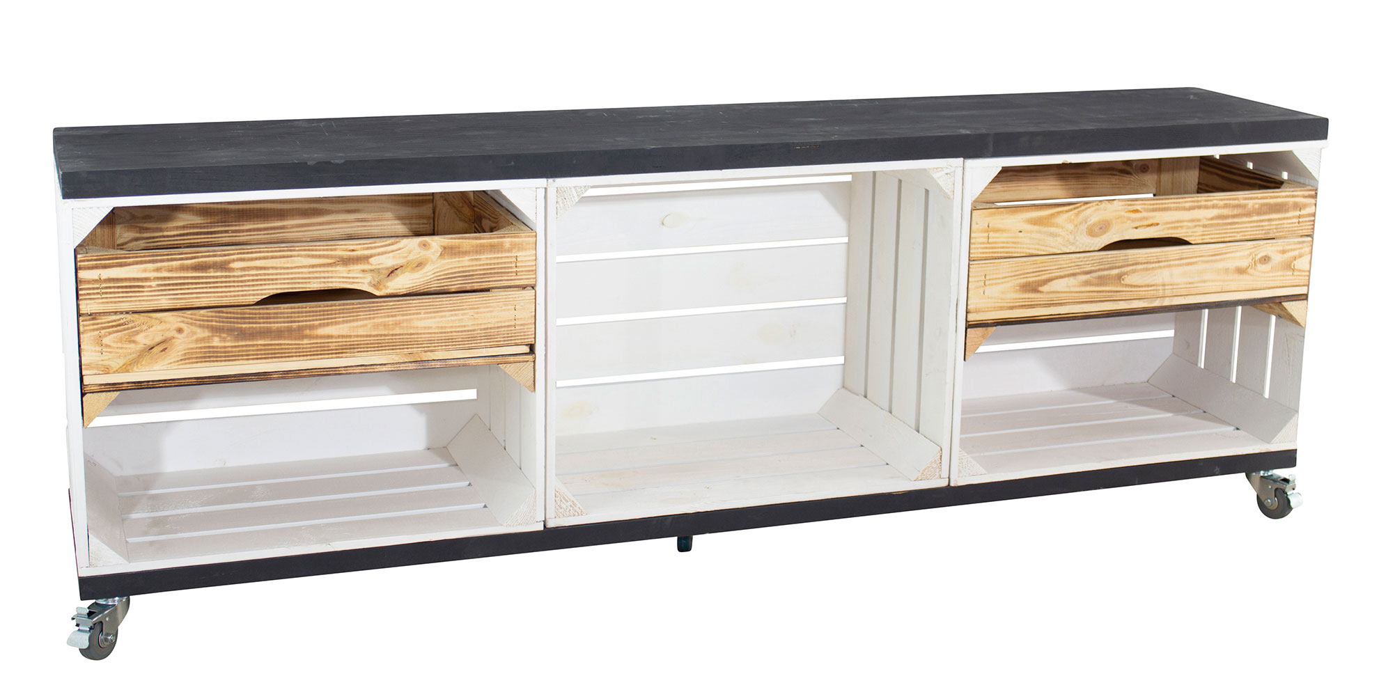 TV Schrank in weiß aus 3 Kisten und 2 Bohlenbrettern auf Rollen 150x53x30 TV Schrank in weiß aus 3 Kisten und 2 Bohlenbrettern auf Rollen 150x53x30