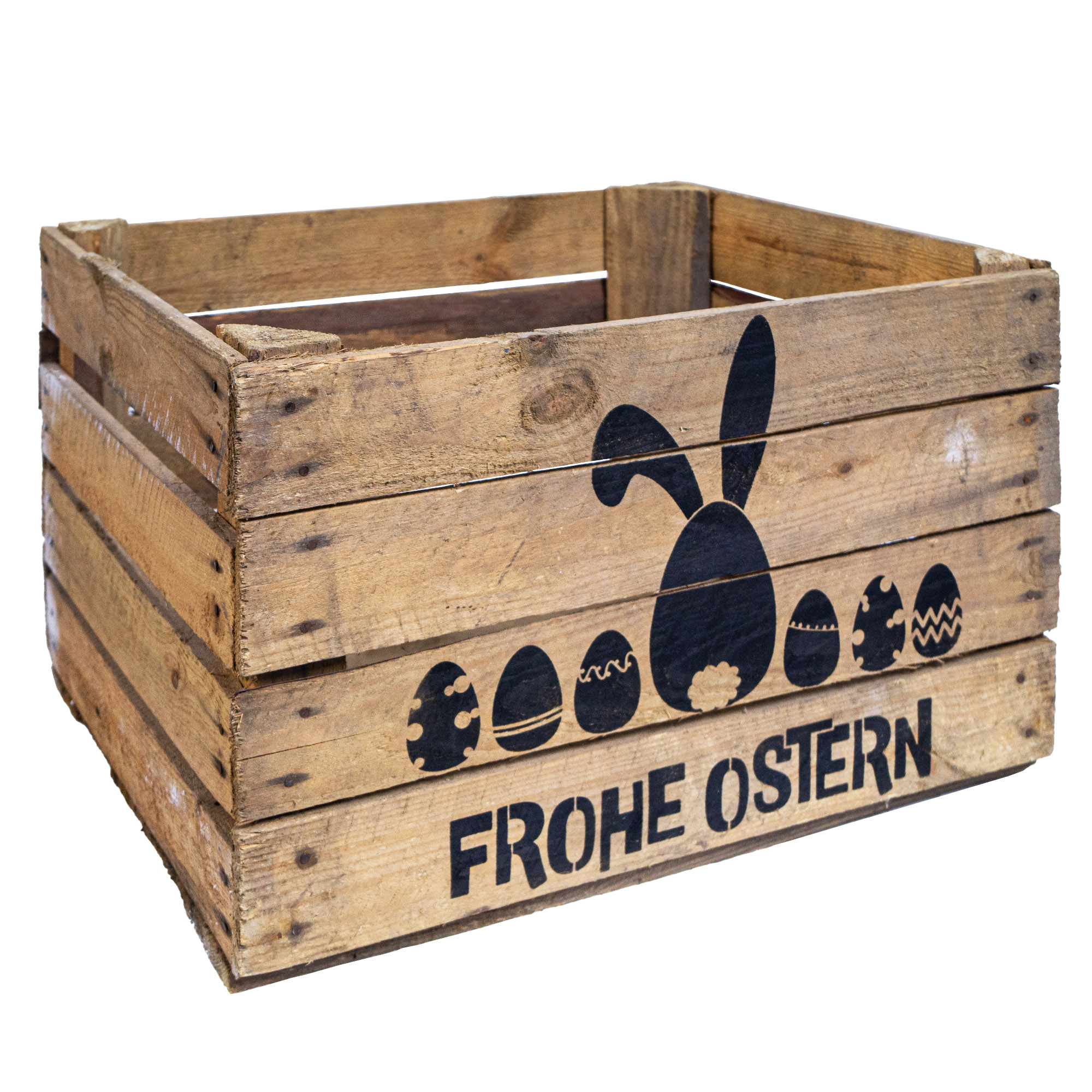 Holzkiste Johanna mit Ostermotiv Frohe Ostern (Hase und Eier) 50 x 40 x 30 cm – Osterdeko Gebraucht Natur Osterkiste (Hase und Eier)