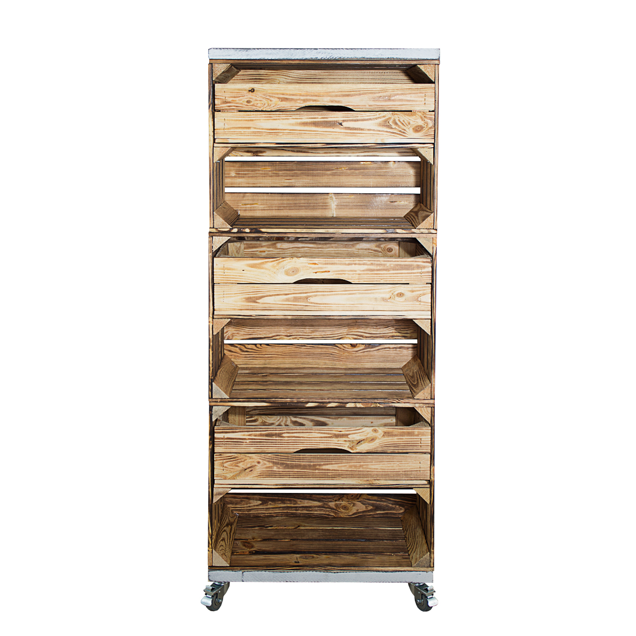 Regal aus 3 geflammten Obstkisten mit 3 Schubladen sowie 2 Bohlenbrettern in shabby weiß auf Rollen 133x50x30cm Regal aus 3 geflammten Obstkisten mit 3 Schubladen sowie 2 Bohlenbrettern in shabby weiß auf Rollen 133x50x30cm