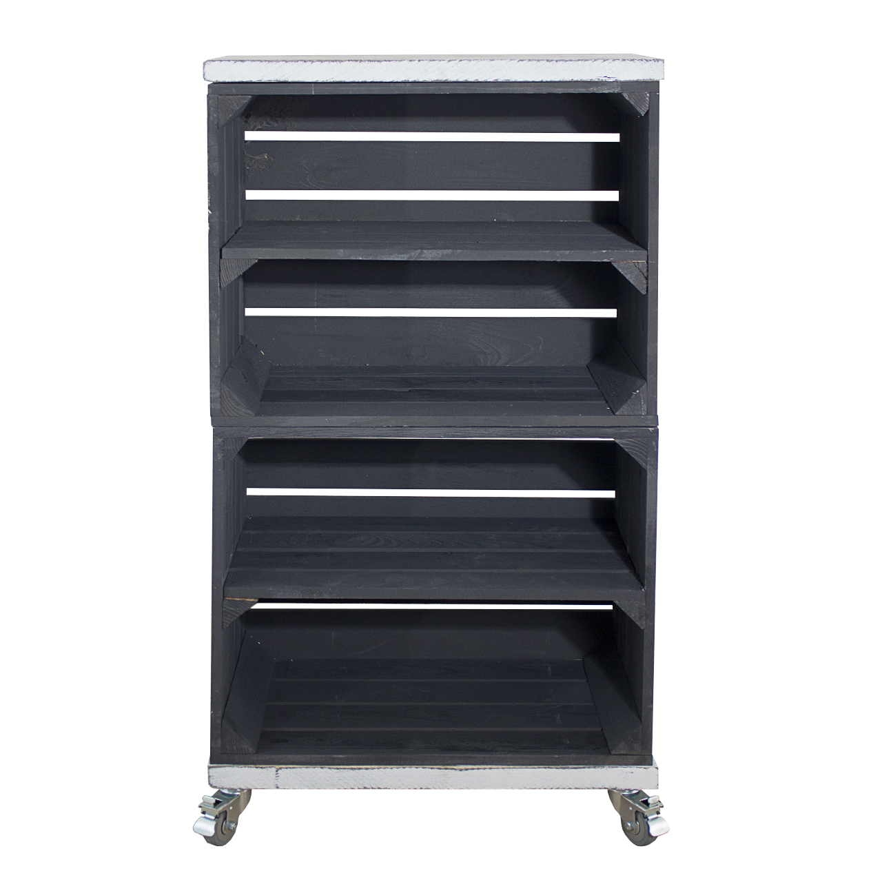 Regal aus 2 schwarzen Obstkisten 2 Bohlenbrettern in shabby weiß auf Rollen 93x50x30cm Regal aus 2 schwarzen Obstkisten 2 Bohlenbrettern in shabby weiß auf Rollen 93x50x30cm