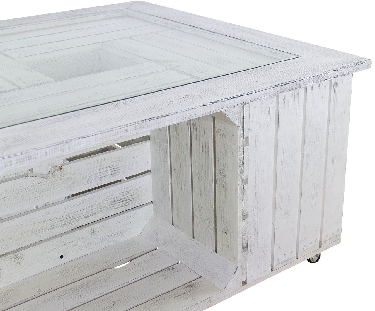 Weißer Tisch mit Glasplatte und Shabby Rahmen / besonders durch 4 Holzkisten für extra Stauraum / 85x85cm