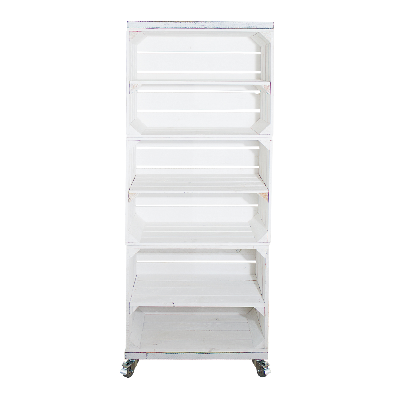 Regal aus 3 weißen Obstkisten mit 2 Bohlenbrettern in shabby weiß auf Rollen 133x50x30cm