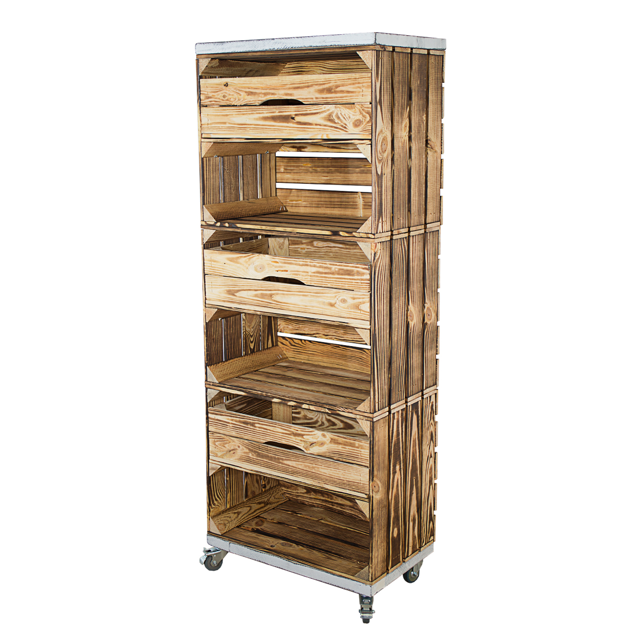 Regal aus 3 geflammten Obstkisten mit 3 Schubladen sowie 2 Bohlenbrettern in shabby weiß auf Rollen 133x50x30cm Regal aus 3 geflammten Obstkisten mit 3 Schubladen sowie 2 Bohlenbrettern in shabby weiß auf Rollen 133x50x30cm