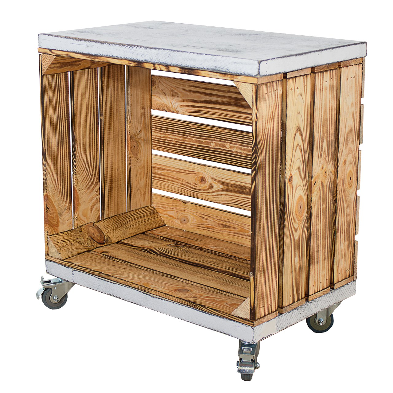 Regal aus einer geflammten Obstkiste mit 2 Bohlenbrettern in shabby weiß auf Rollen 53x50x30cm Regal aus einer geflammten Obstkiste mit 2 Bohlenbrettern in shabby weiß auf Rollen 53x50x30cm