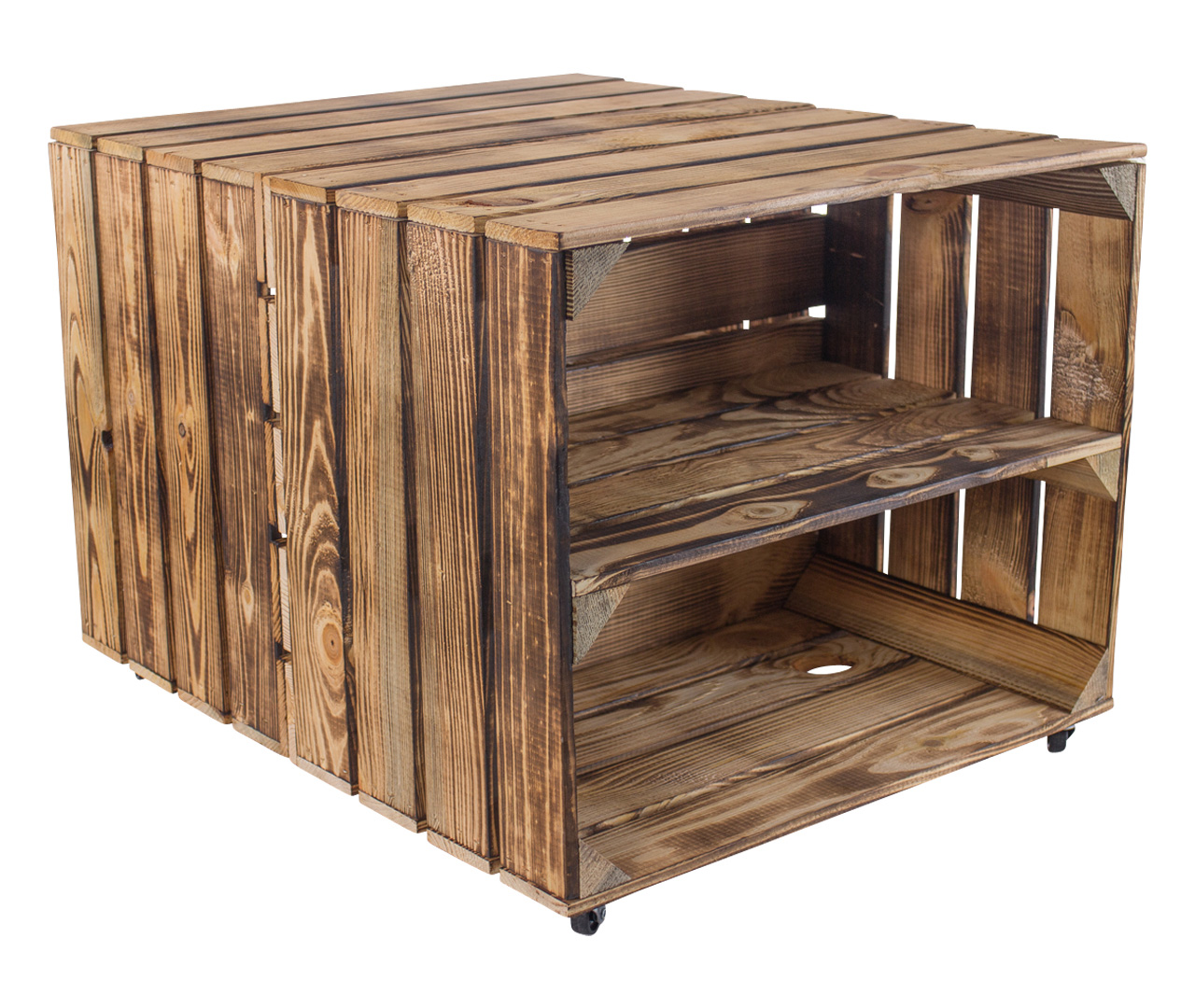 Beistelltisch aus geflammten Kisten mit Regalbrett 50x40x60cm