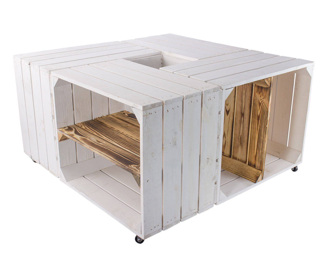 Weißer Couchtisch aus verschiedenen Regalkisten mit geflammten Mittelbrettern 81x81x44cm