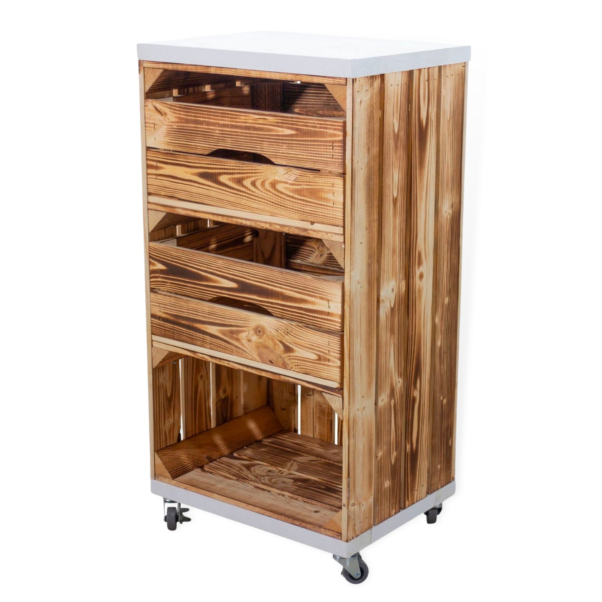 Regal aus einer schmalen geflammten Obstkiste mit zwei Schubladen und Bohlenbrett in Weiß, auf Rollen 40x79x31cm Regal aus einer schmalen geflammten Obstkiste mit zwei Schubladen und Bohlenbrett in Weiß, auf Rollen 40x79x31cm