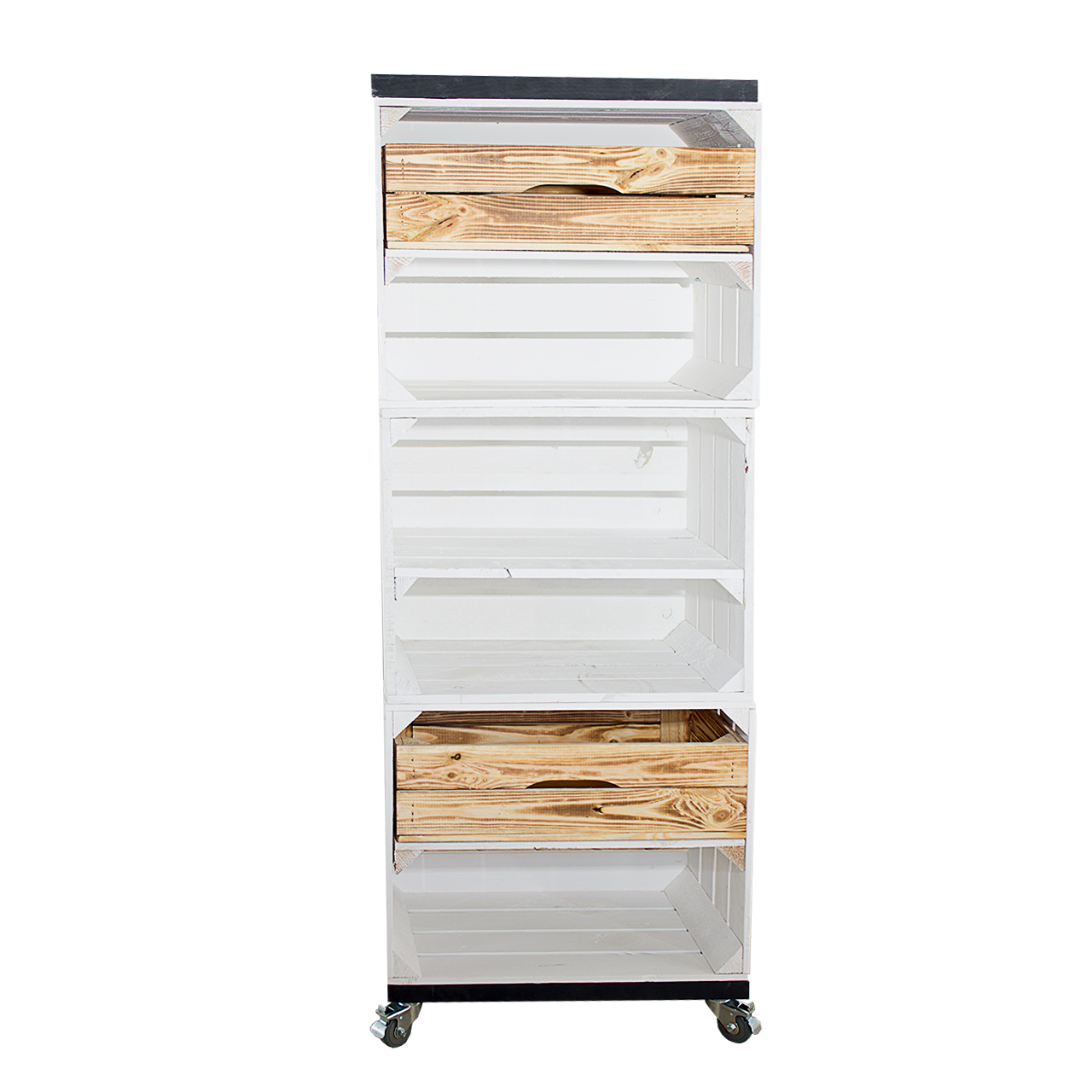 Regal aus drei weißen Obstkisten mit Schubladen und zwei Bohlenbrettern auf Rollen 135x50x30cm Regal aus drei weißen Obstkisten mit Schubladen und zwei Bohlenbrettern auf Rollen 135x50x30cm