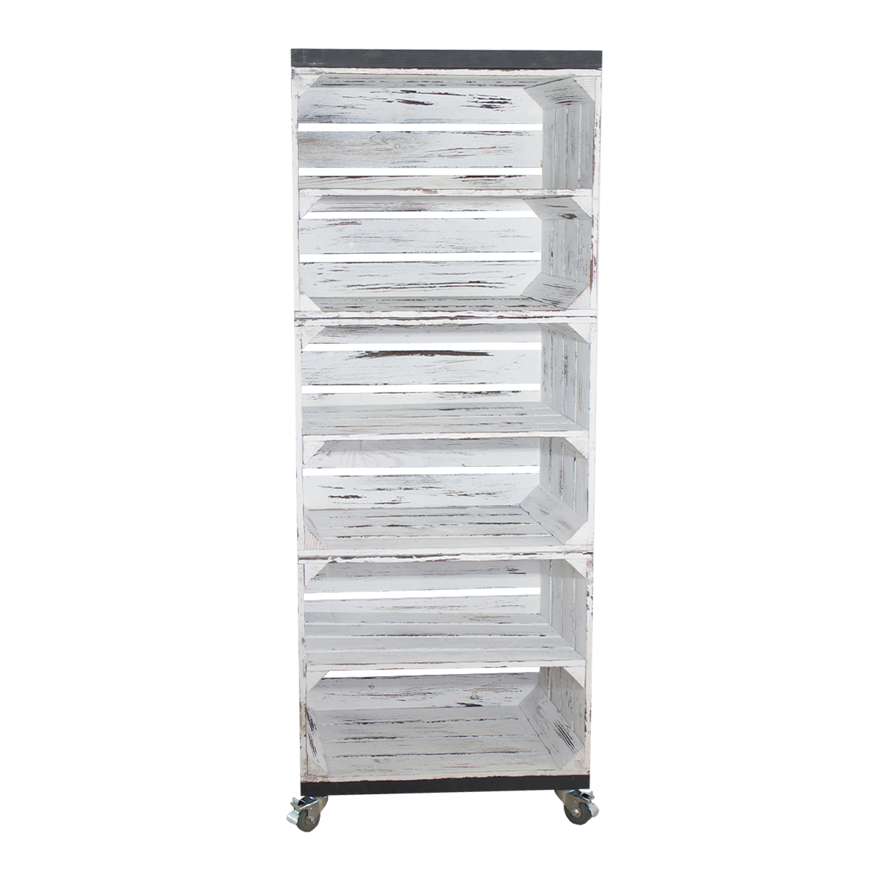 Regal aus drei Obstkisten in Vintage Optik mit drei Mittelbrettern und zwei Bohlenbrettern in Schwarz, auf Rollen 133x50x30cm