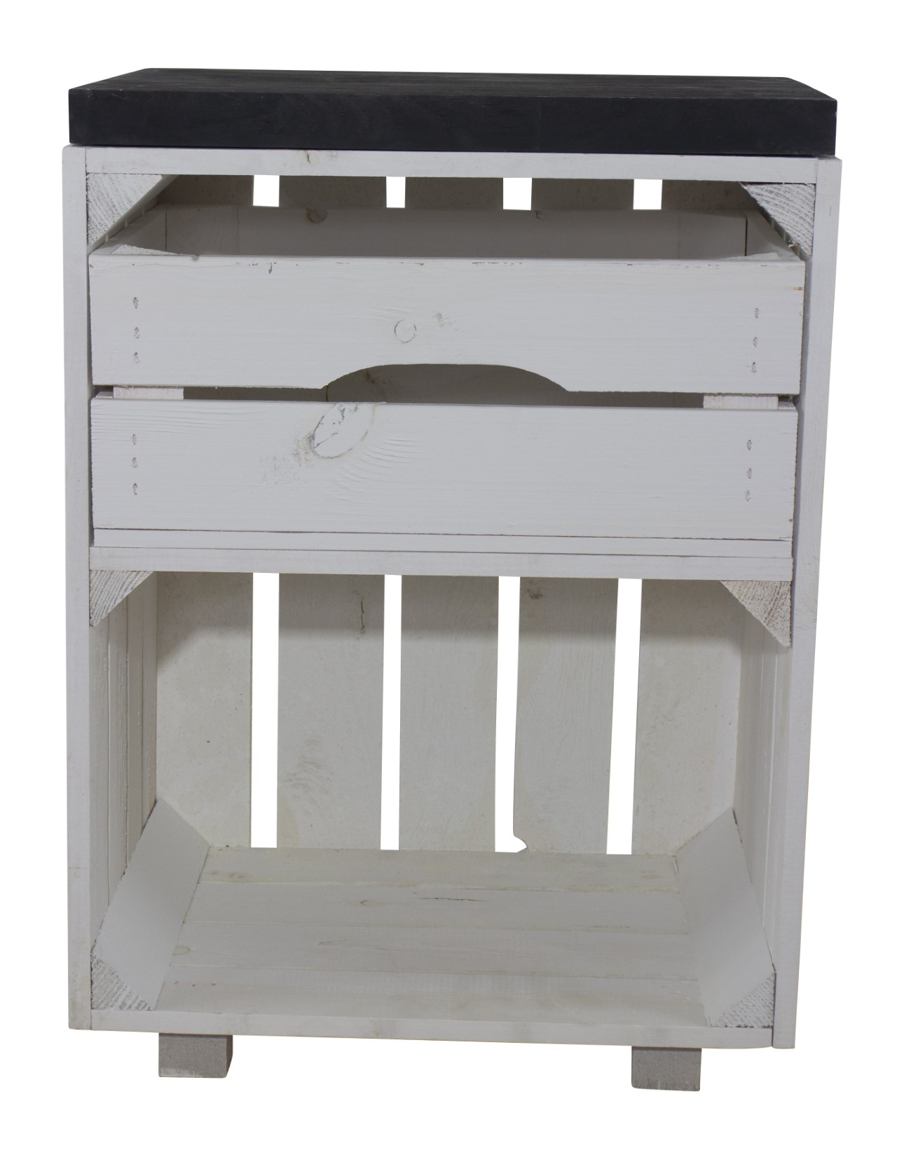Weißer Nachttisch mit Schublade und einem schwarzen Bohlenbrett 30,5x40x57cm Weißer Nachttisch mit Schublade und einem schwarzen Bohlenbrett 30,5x40x57cm