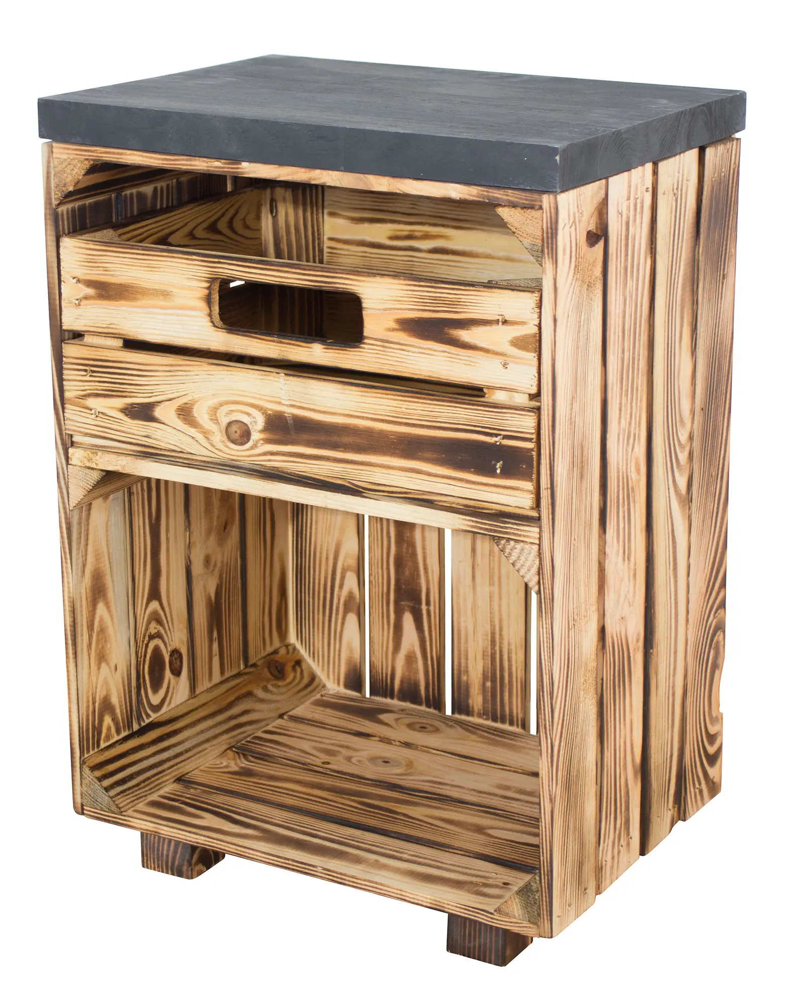 Nachttisch in geflammt mit Schublade und schwarzem Bohlenbrett auf Füßen, 40x57x30 Nachttisch in geflammt mit Schublade und schwarzem Bohlenbrett auf Füßen, 40x57x30