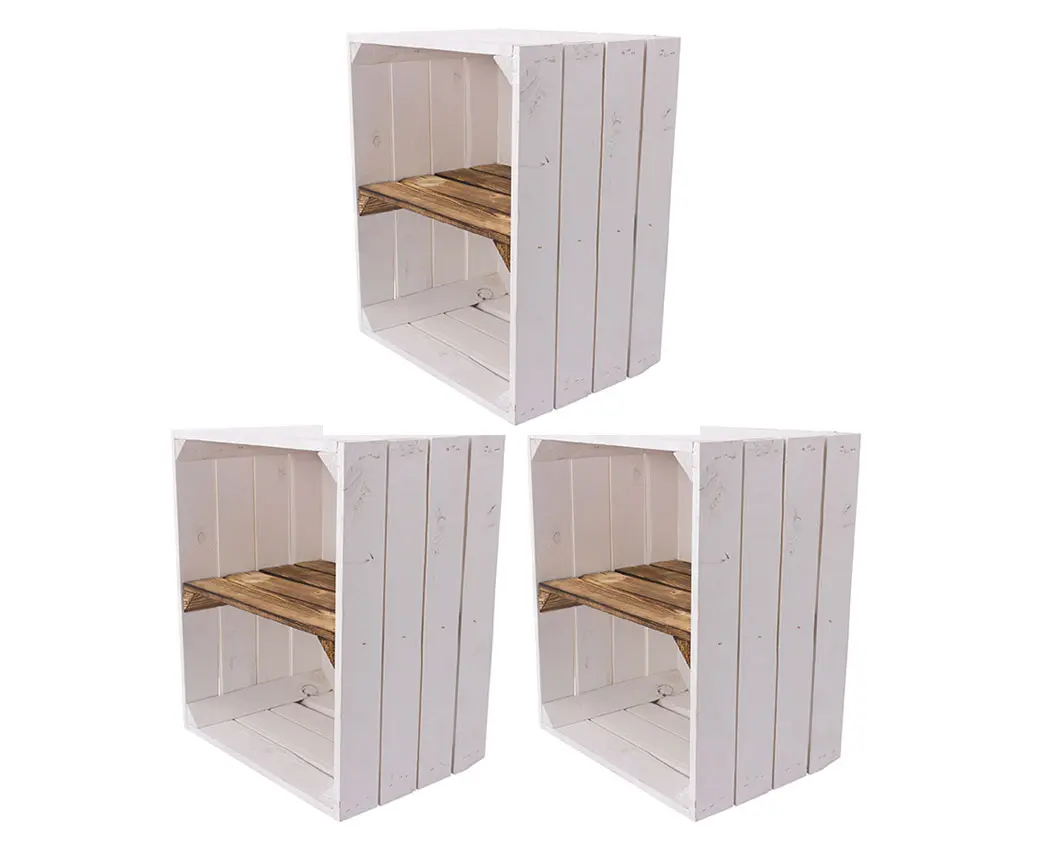 3 Weiße Holzkisten mit geflammtem Mittelbrett -kurz- 50x40x30cm 3 Weiße Holzkisten mit geflammtem Mittelbrett -kurz- 50x40x30cm