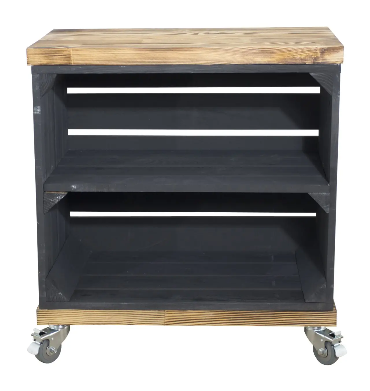 Rollkiste in schwarz mit 2 geflammten Bohlenbrettern auf Rollen 53x50x30cm Rollkiste in schwarz mit 2 geflammten Bohlenbrettern auf Rollen 53x50x30cm