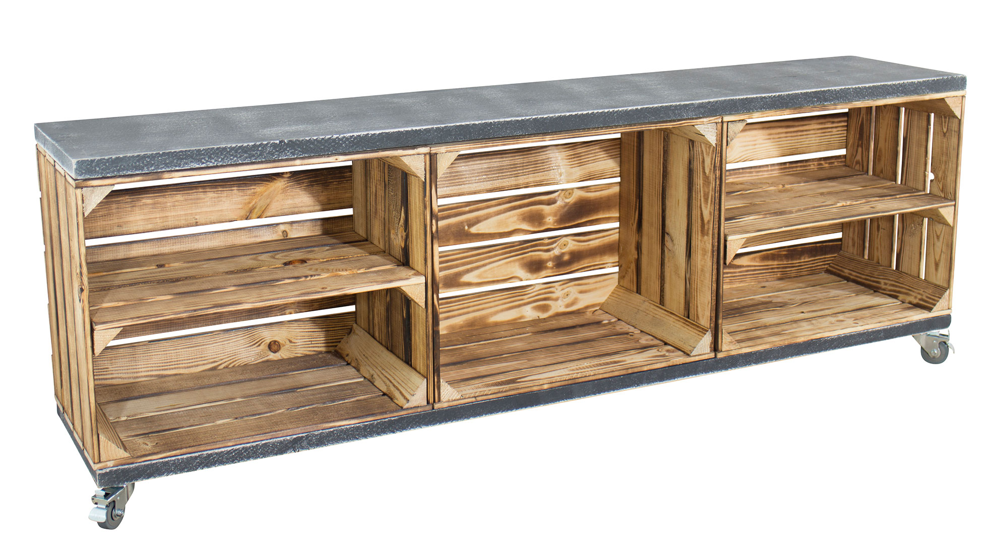 TV Schrank aus 3 geflammten Kisten mit 2 Bohlenbrettern in shabby schwarz auf Rollen, 150x53x30 TV Schrank aus 3 geflammten Kisten mit 2 Bohlenbrettern in shabby schwarz auf Rollen, 150x53x30