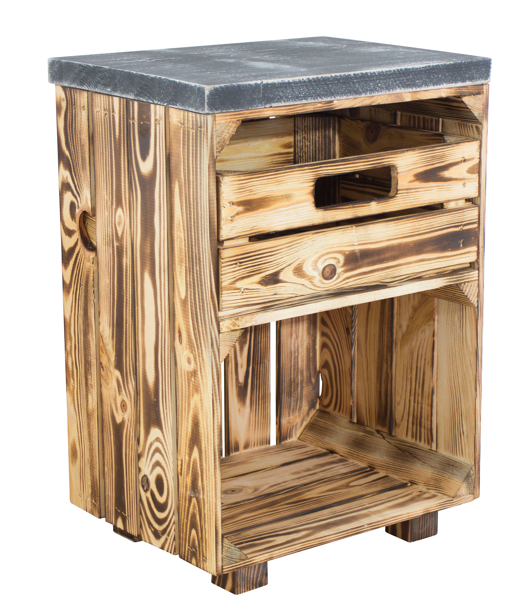 Geflammter Nachttisch mit Schublade und einem shabby schwarzem Bohlenbrett auf Holzfüßen, 40x57x30,5 Geflammter Nachttisch mit Schublade und einem shabby schwarzem Bohlenbrett auf Holzfüßen, 40x57x30,5