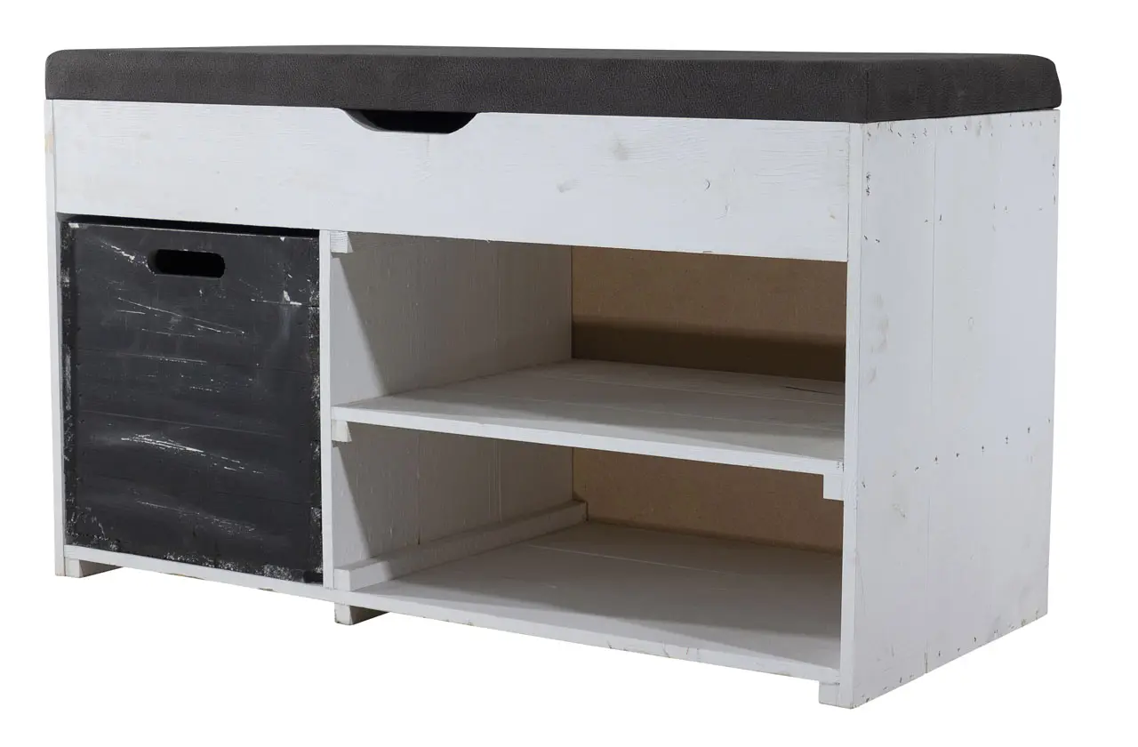 Weiße Sitzbank (Truhe) im Obstkisten Design mit Sitzpolster und Kallax Einschubkiste 90x52x39cm Weiße Sitzbank (Truhe) im Obstkisten Design mit Sitzpolster und Kallax Einschubkiste 90x52x39cm
