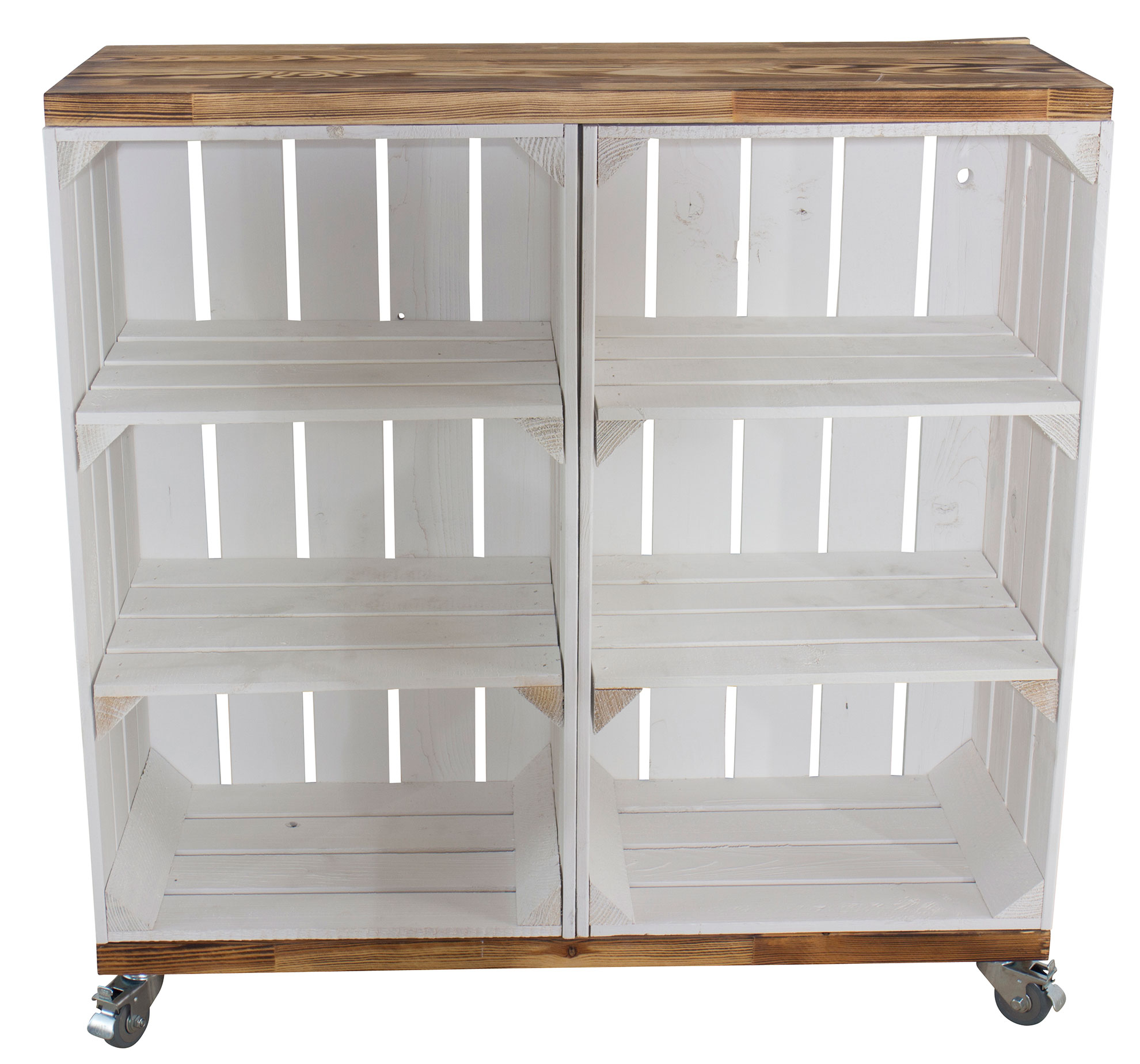 Regal aus 2 hohen weißen Kisten mit 2 geflammten Bohlenbrettern auf Rollen, 80x80x30cm Regal aus 2 hohen weißen Kisten mit 2 geflammten Bohlenbrettern auf Rollen, 80x80x30cm