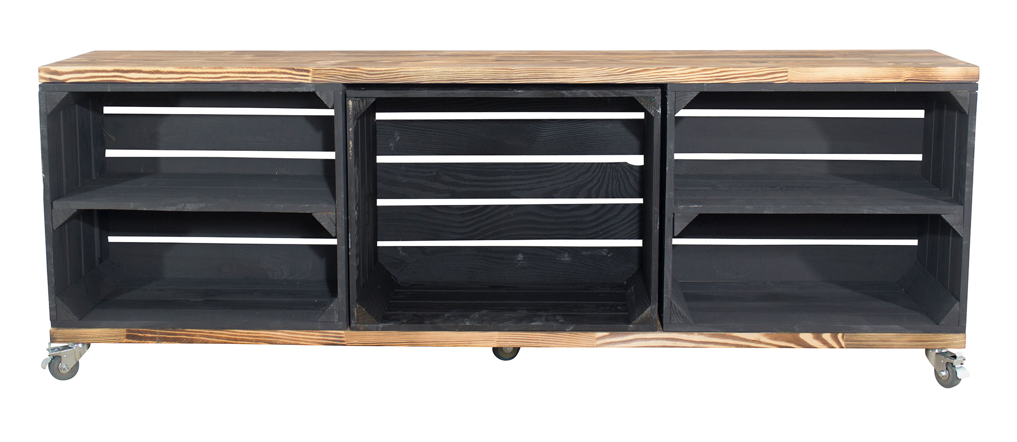 TV Schrank aus schwarzen Kisten mit 2 geflammten Bohlenbrettern auf Rollen, 150x53x30 TV Schrank aus schwarzen Kisten mit 2 geflammten Bohlenbrettern auf Rollen, 150x53x30
