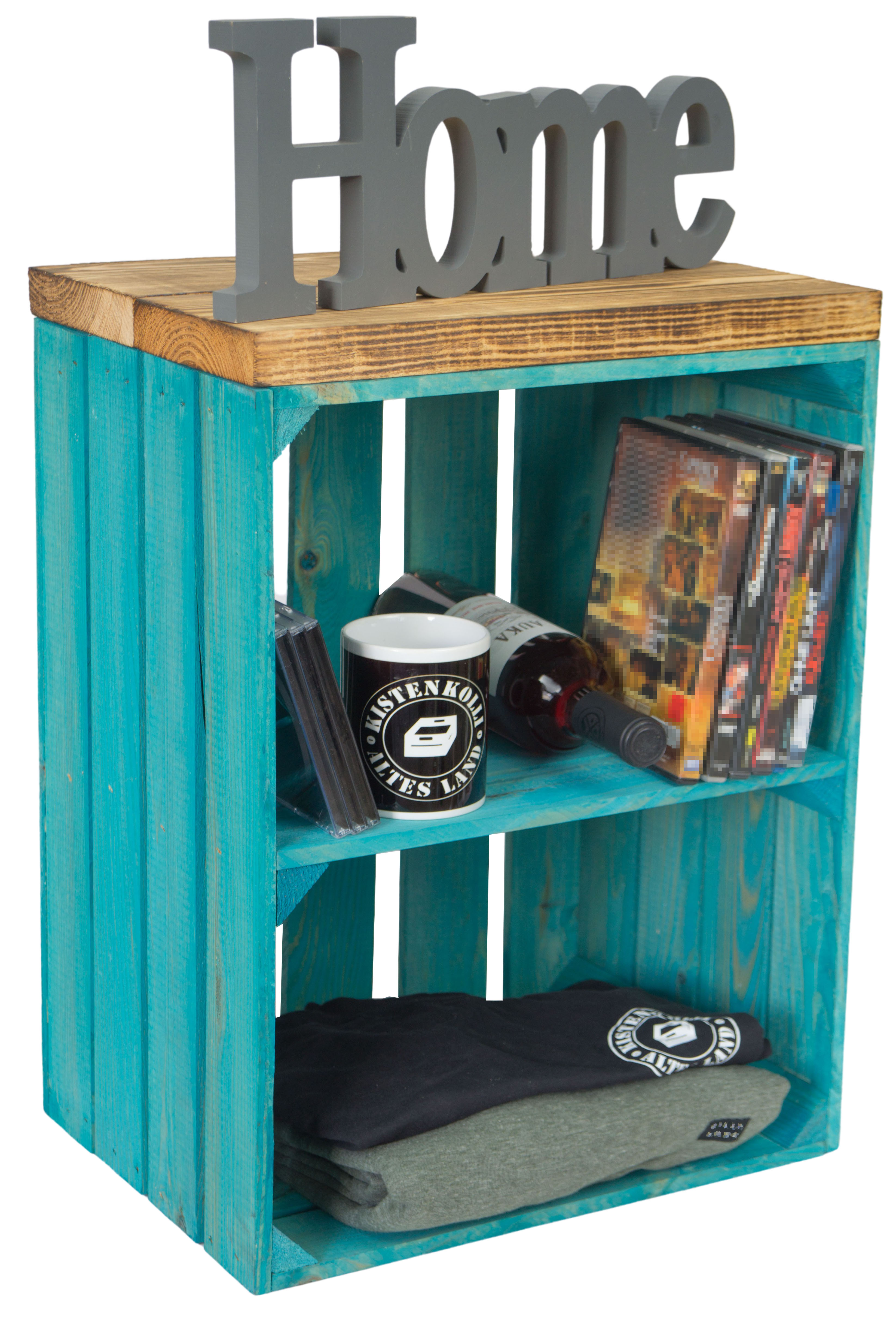 Sitzkiste Johanna Türkis Quer Sitzfläche aus dicken geflammten Holzplanken Sitzkiste Johanna Türkis Quer Sitzfläche aus dicken geflammten Holzplanken