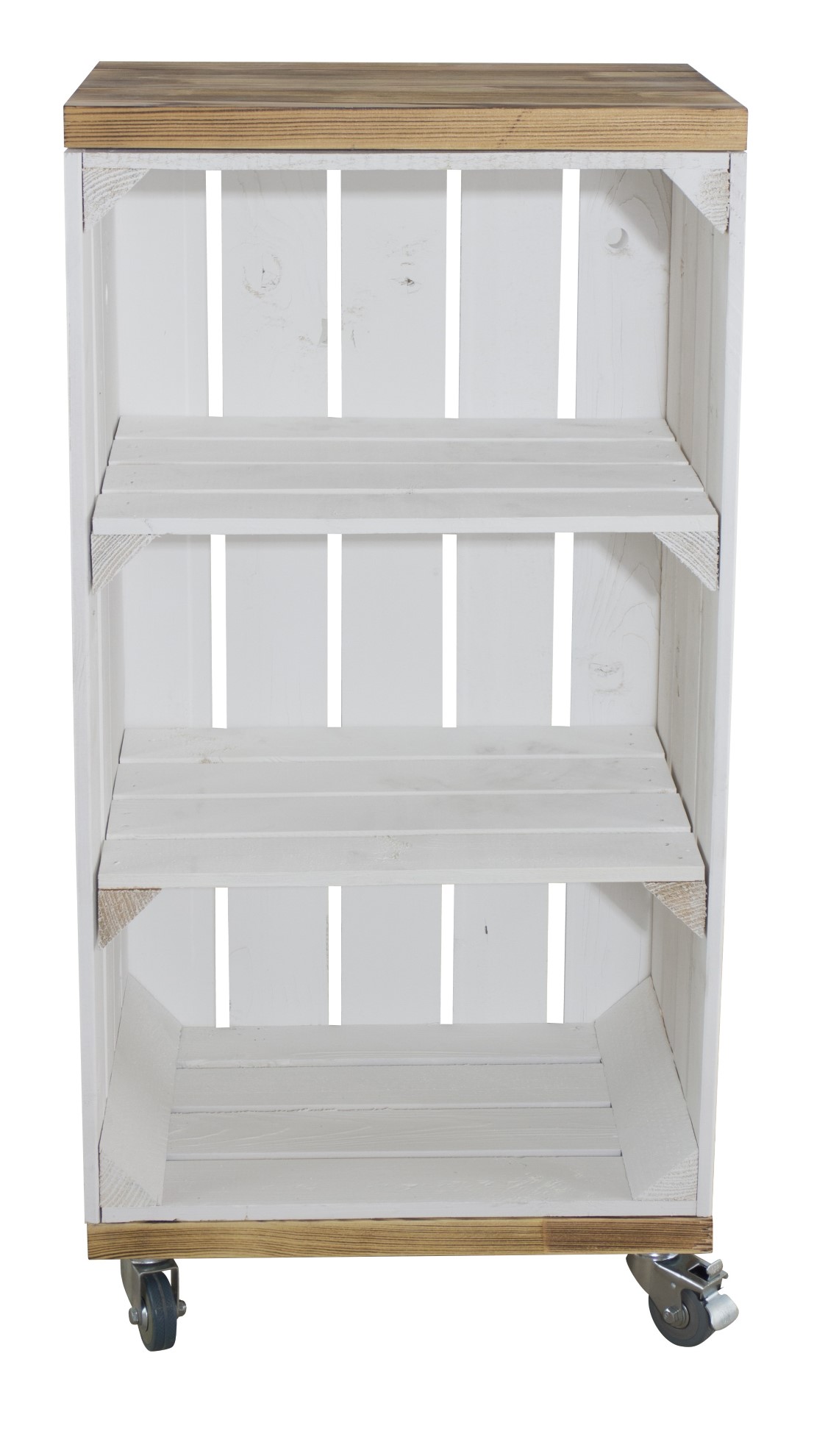 Weißes Regal mit 2 Mittelbrettern und 2 geflammten Bohlenbrettern, auf Rollen 74x40x30cm Weißes Regal mit 2 Mittelbrettern und 2 geflammten Bohlenbrettern, auf Rollen 74x40x30cm