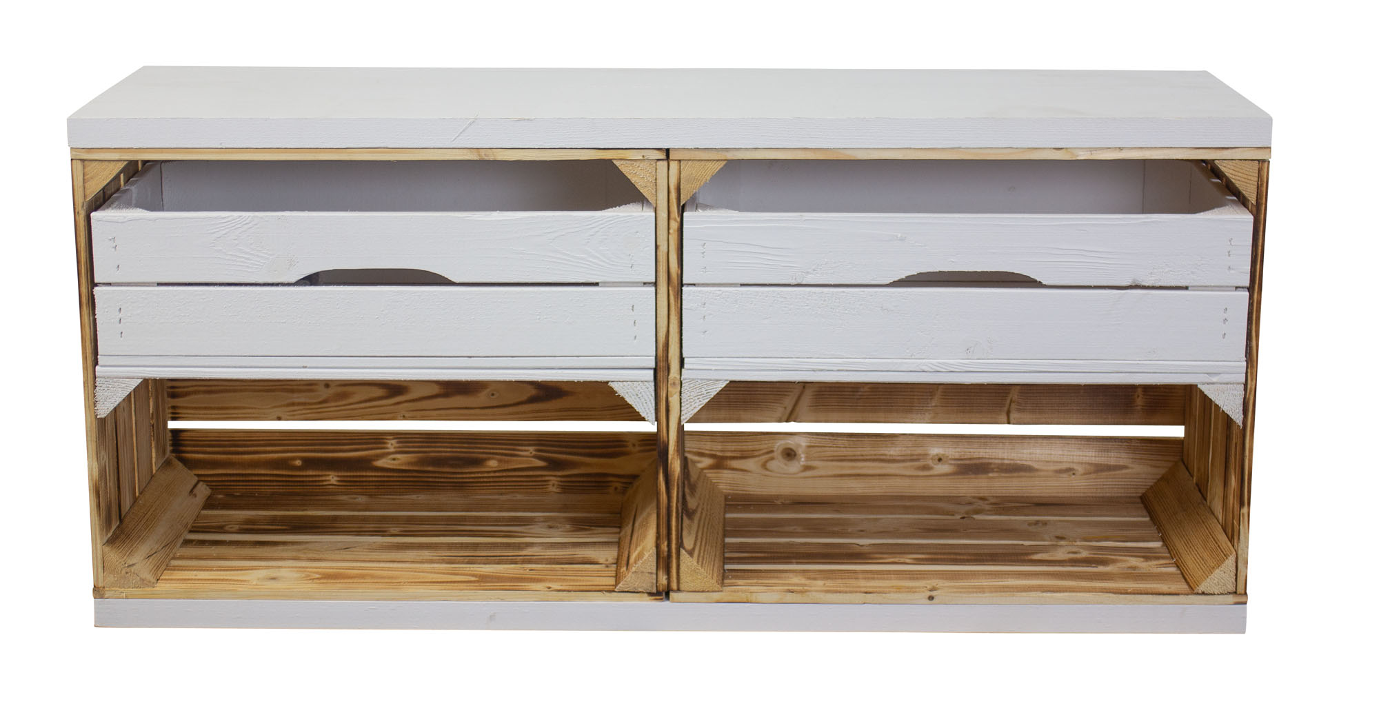 TV Lowboard aus 2 geflammten Kisten mit 2 Schubladen und 2 Bohlenbrettern 100x53x30 TV Lowboard aus 2 geflammten Kisten mit 2 Schubladen und 2 Bohlenbrettern 100x53x30