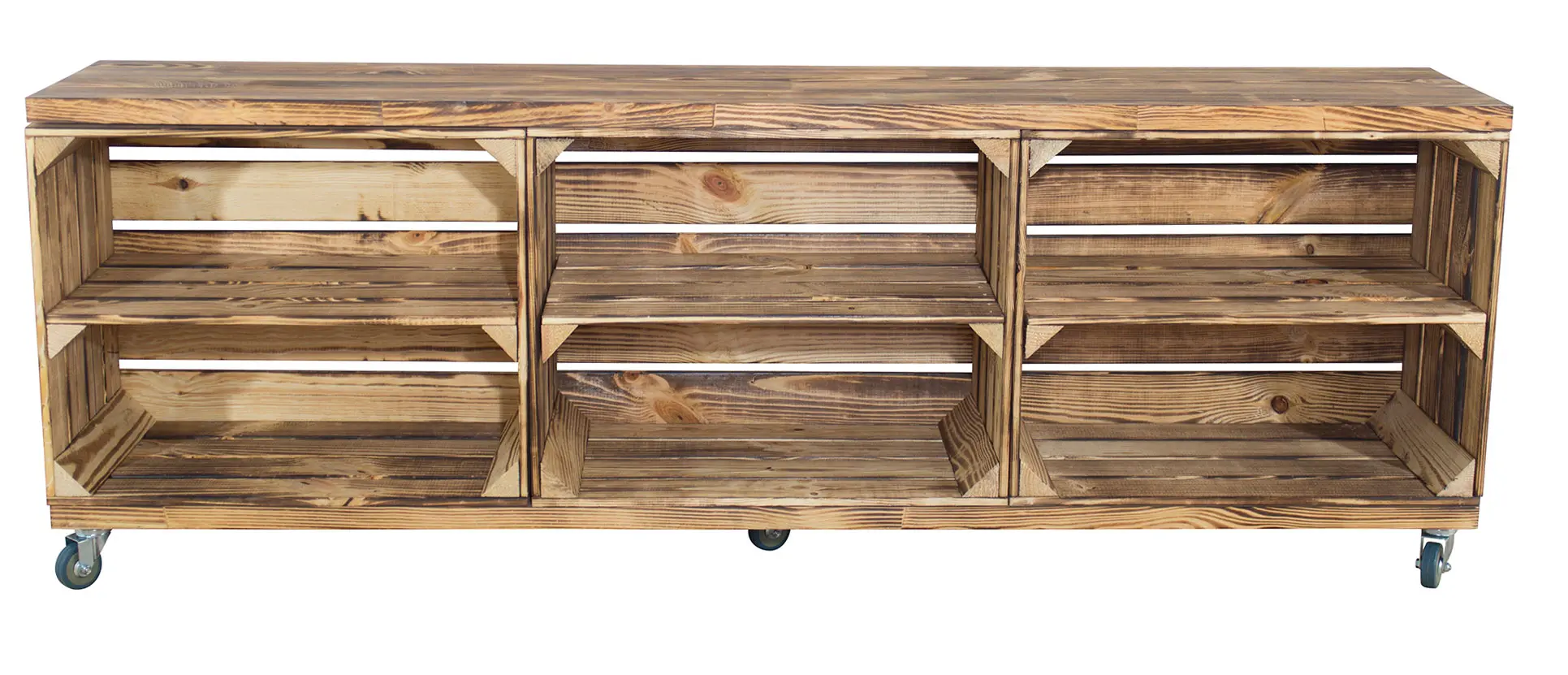 TV Schrank in geflammter Optik aus 3 Kisten und 2 Bohlenbrettern auf Rollen 150x53x30