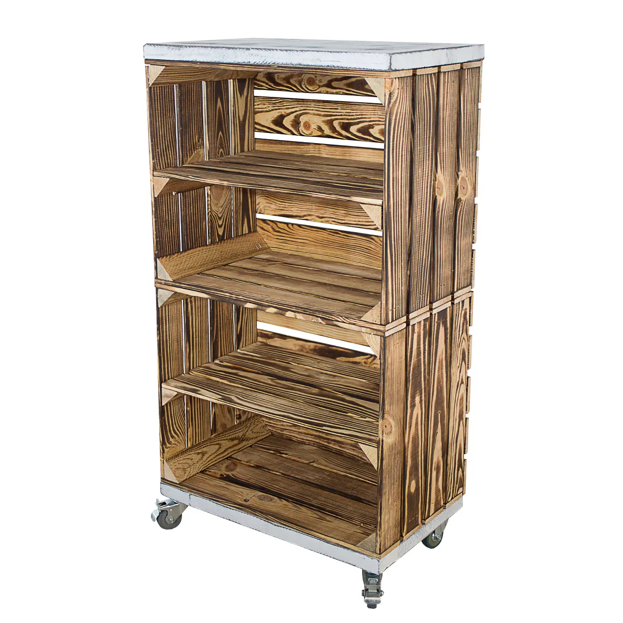 Regal aus 2 geflammten Obstkisten mit 2 Bohlenbrettern in Shabby Weiß auf Rollen 93x50x30cm Regal aus 2 geflammten Obstkisten mit 2 Bohlenbrettern in Shabby Weiß auf Rollen 93x50x30cm