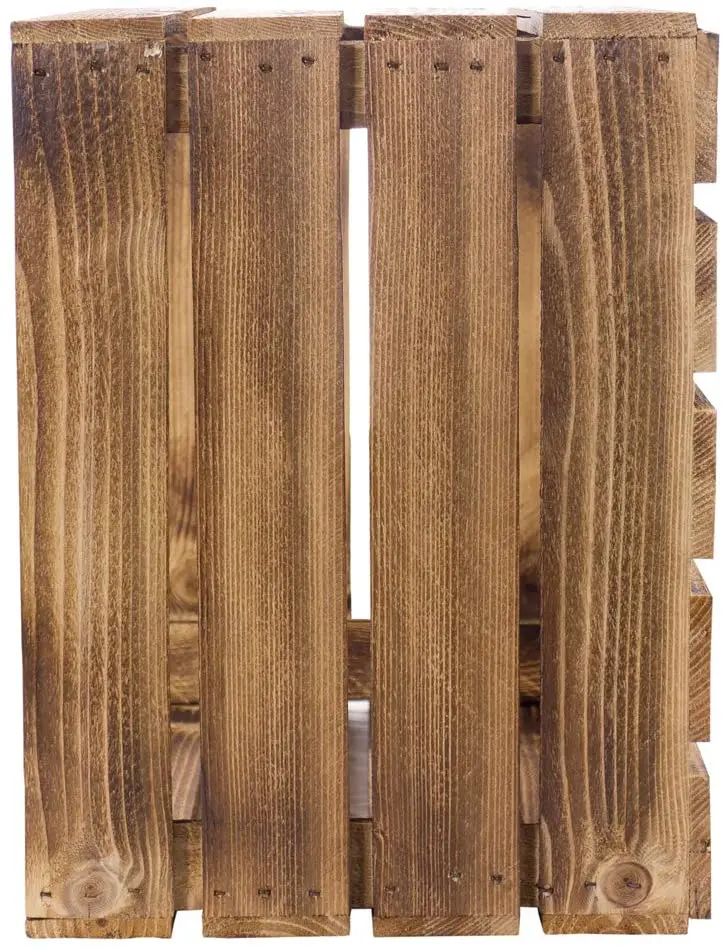 Couchtisch aus geflammten Apfelkisten auf Rollen 81x81x44cm Couchtisch aus geflammten Apfelkisten auf Rollen 81x81x44cm
