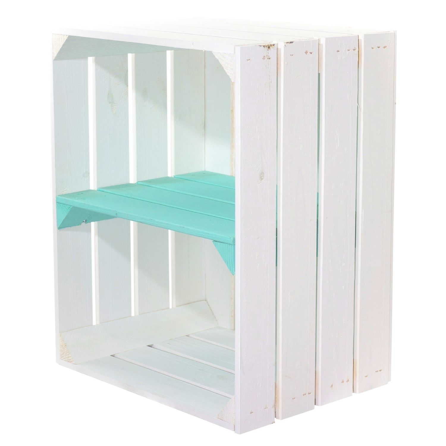 Weiße Obstkiste mit türkisem Mittelbrett -quer- 50 x 40 x 30cm Weiße Obstkiste mit türkisem Mittelbrett -quer- 50 x 40 x 30cm