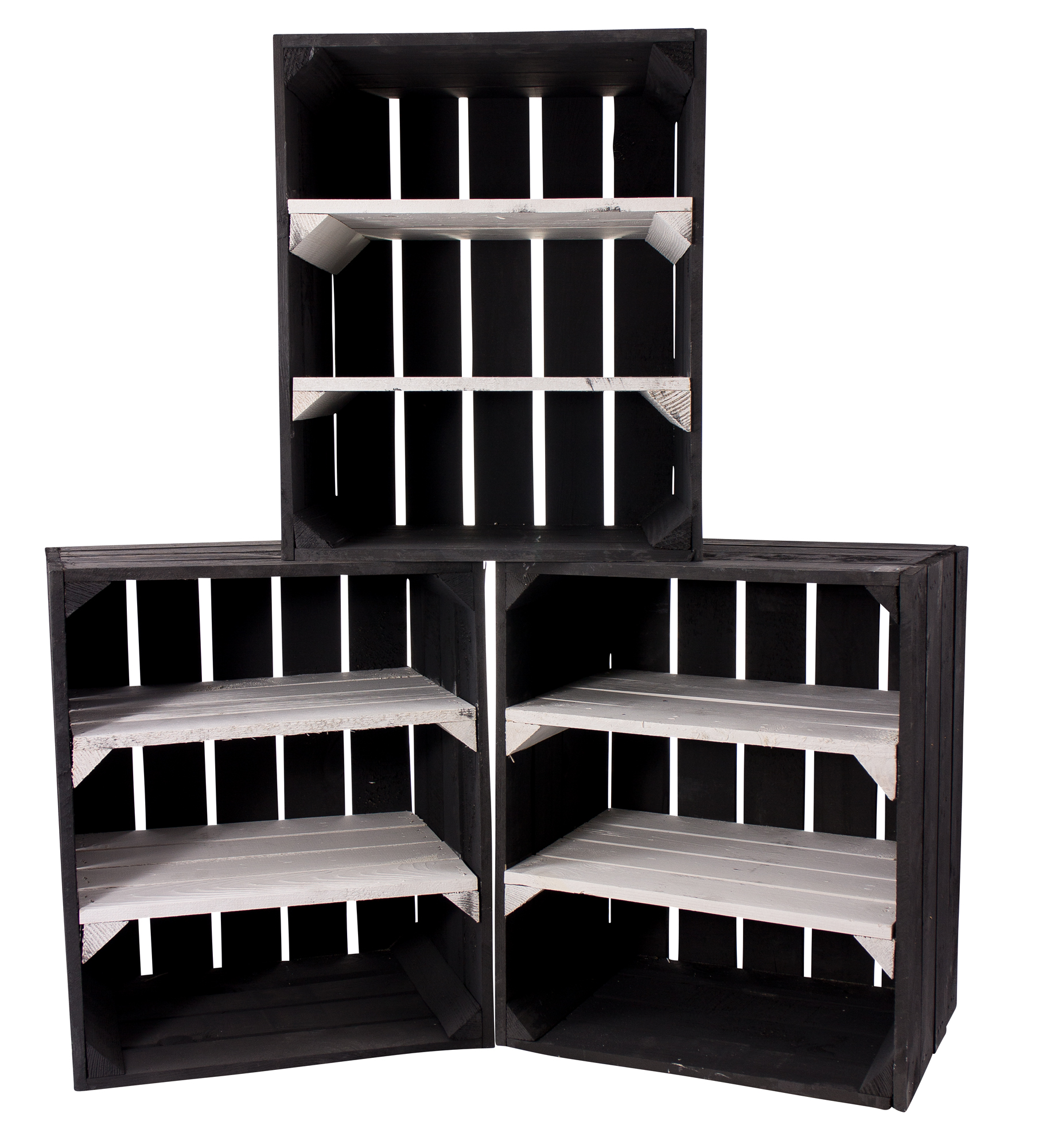 Schwarze Holzkiste mit 2 weißen Mittelbrettern -quer- 50x40x30cm