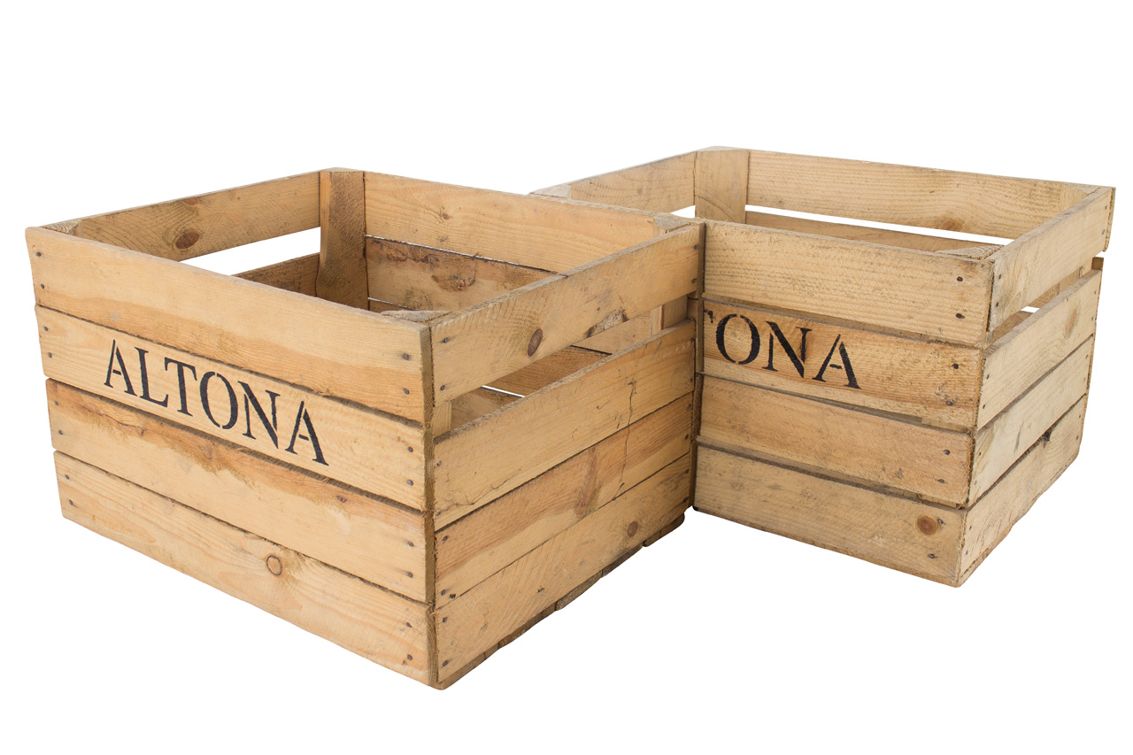 Stylische gebrauchte alte Apfelkiste mit Aufdruck "Altona" 50x40x30cm