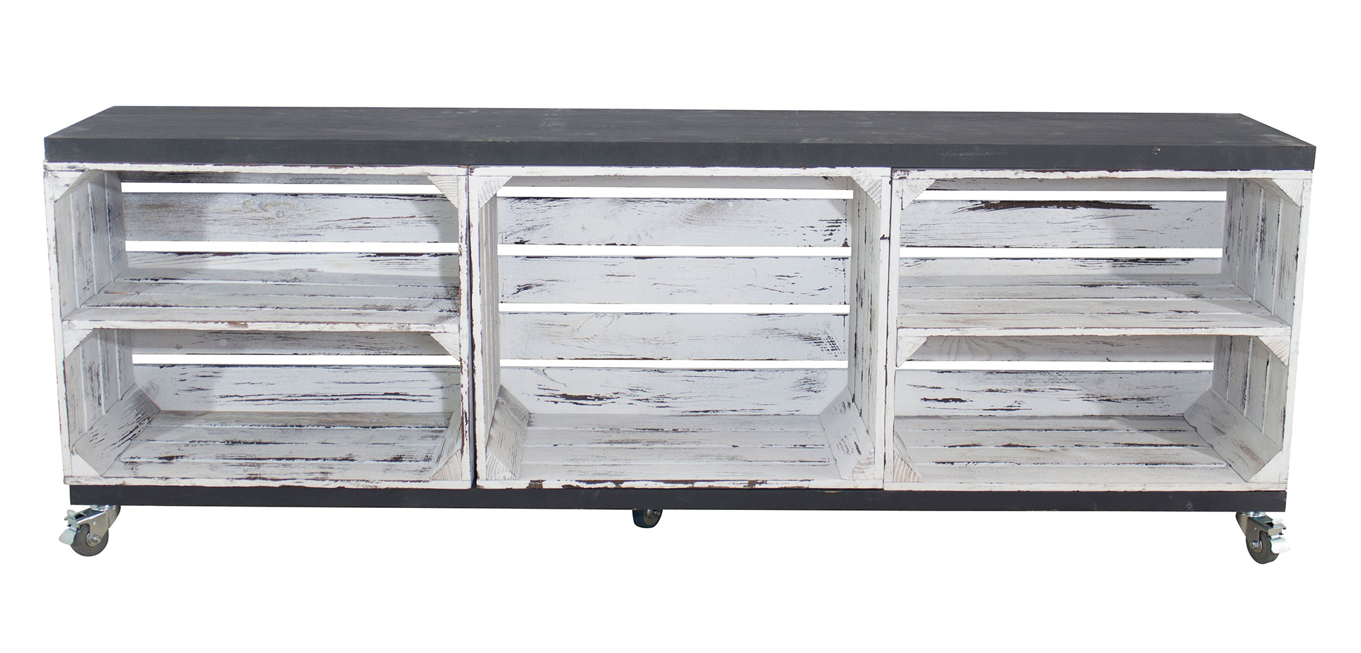 TV Schrank aus 3 Kisten in grau vintage mit 2 Bohlenbrettern in schwarz auf Rollen, 150x53x30 TV Schrank aus 3 Kisten in grau vintage mit 2 Bohlenbrettern in schwarz auf Rollen, 150x53x30