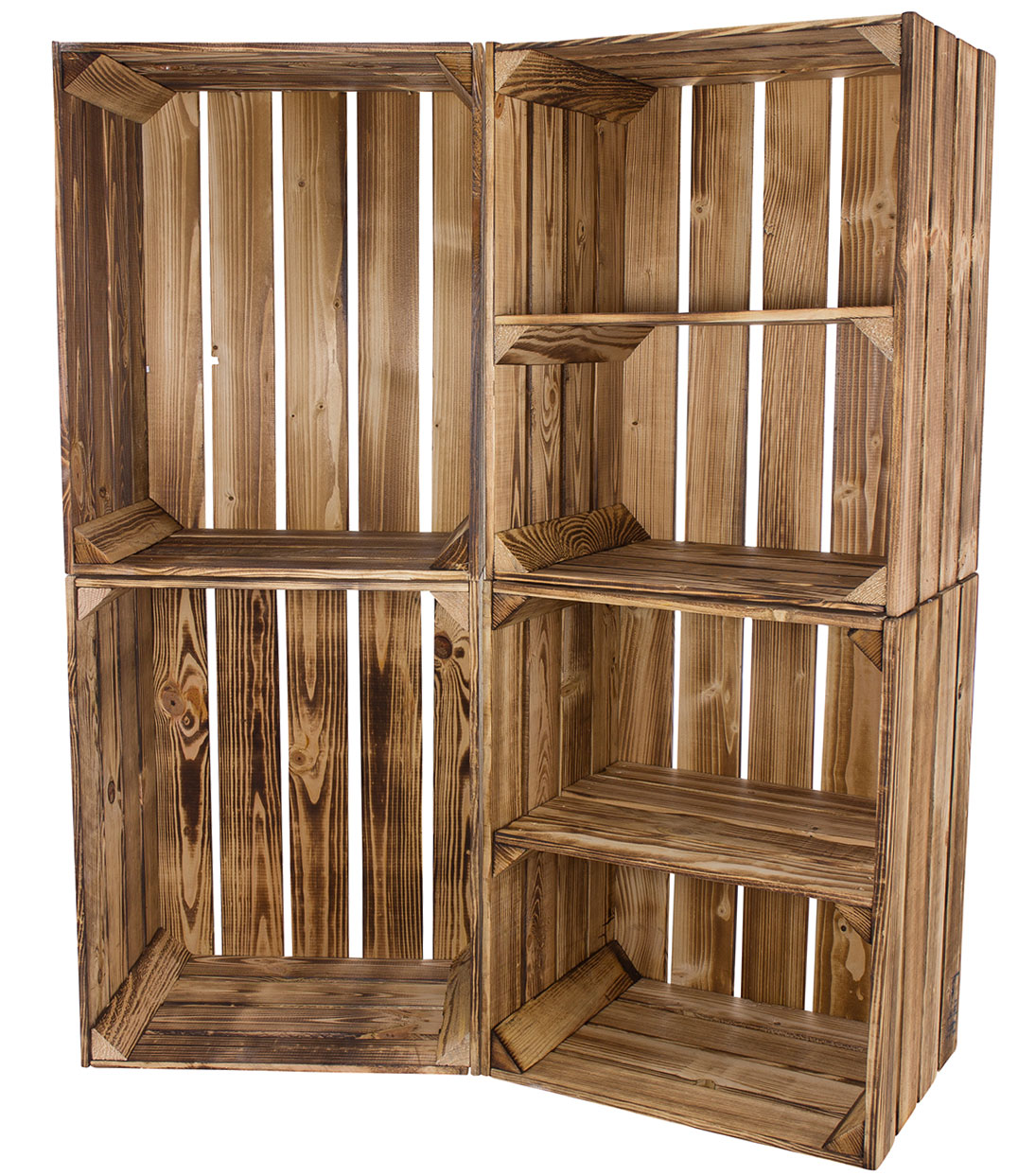 2 geflammte Apfelkisten + 2 Kisten mit kurzem Mittelbrett 50x40x30cm